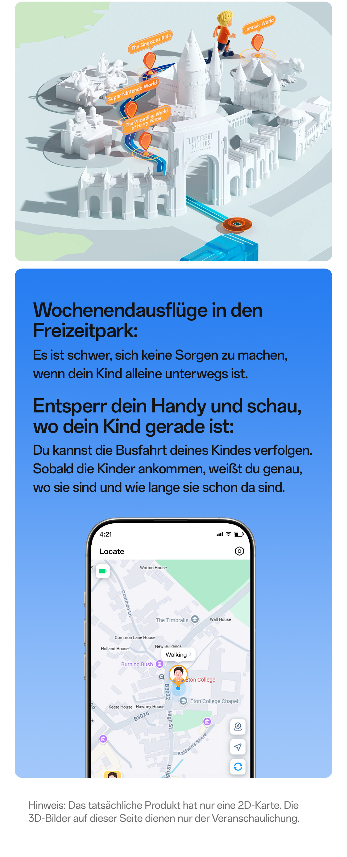 imoo Watch Phone X10 Standortverfolgung im Freizeitpark via 'Locate'-App auf Smartphone. Produktseite.