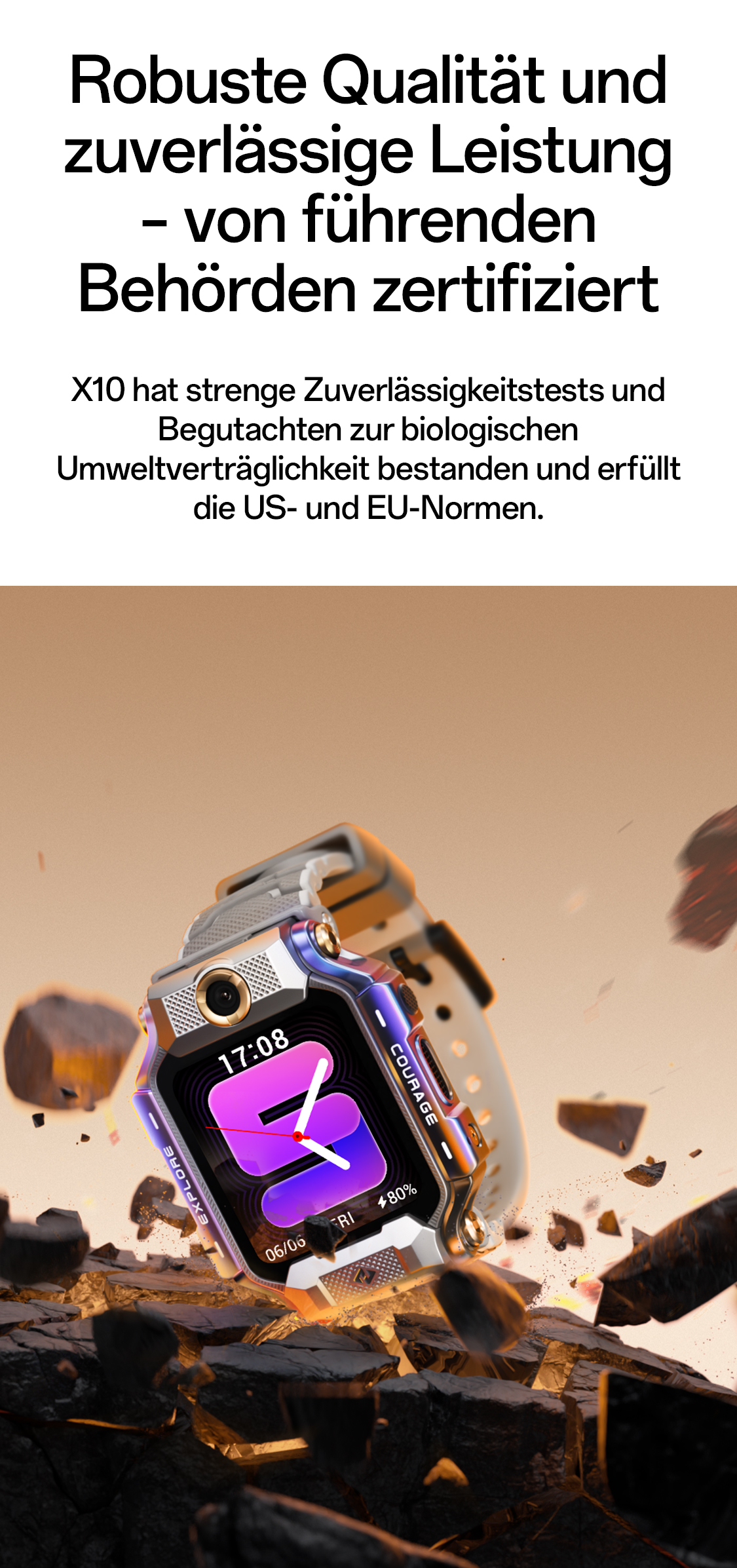 imoo Watch Phone X10 in Grau und Silber mit weißem Armband, umgeben von Gesteinsbrocken zur Hervorhebung der Robustheit.