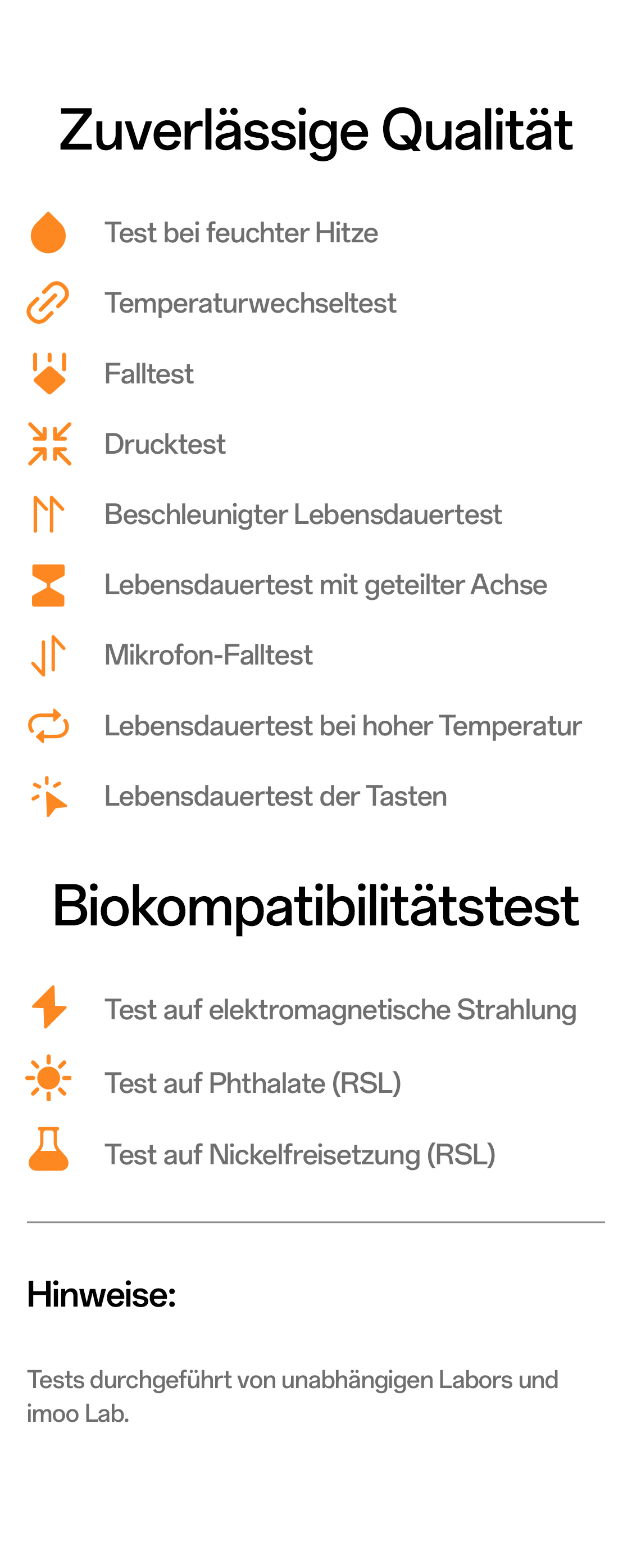 imoo Watch Phone X10 Qualitätssiegel: Liste der Zuverlässigkeits- und Biokompatibilitätstests für imoo Lab.