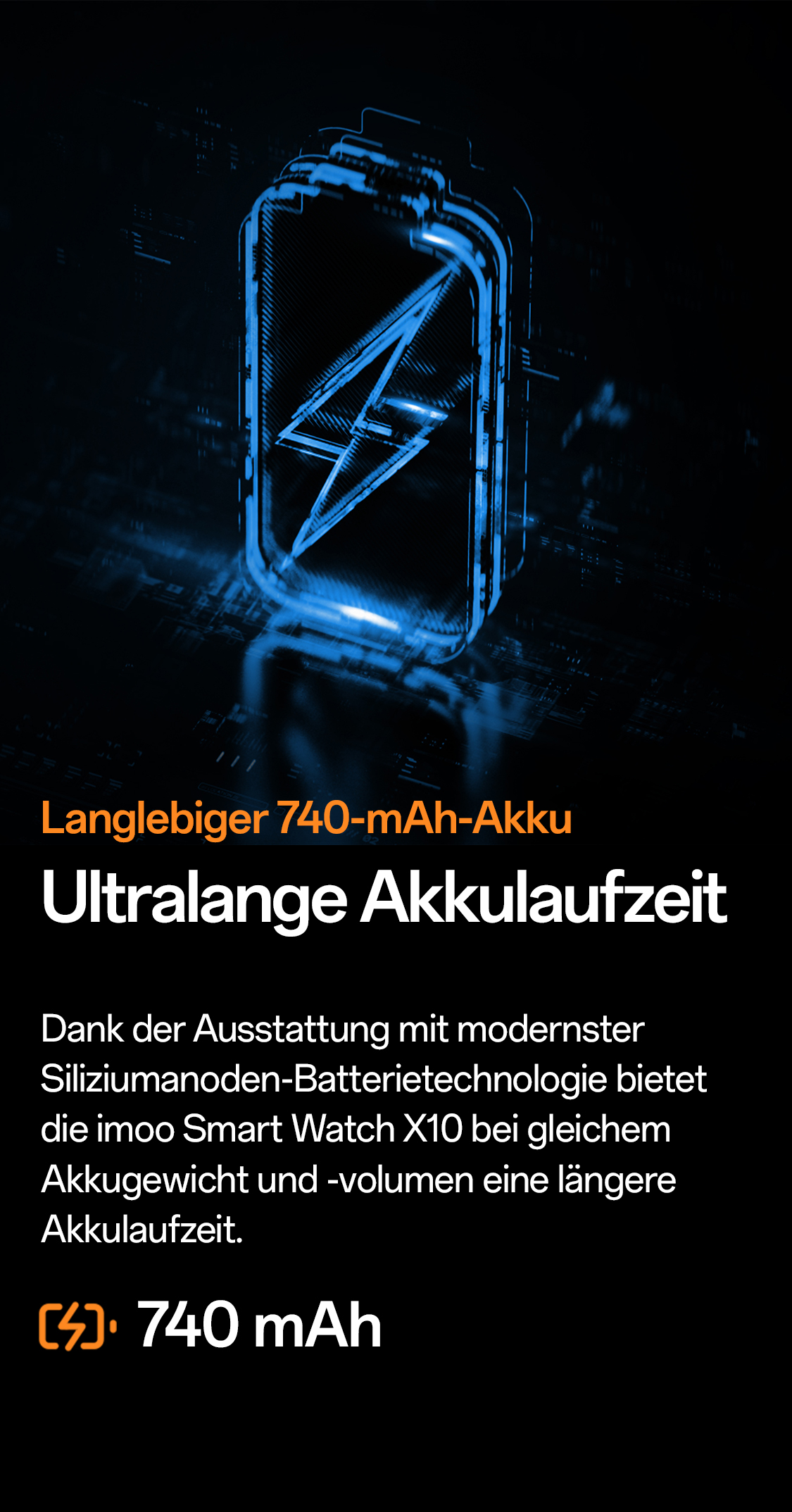imoo Watch Phone X10: 740 mAh Akku mit Blitzsymbol, betont ultralange Laufzeit. Produktseite.