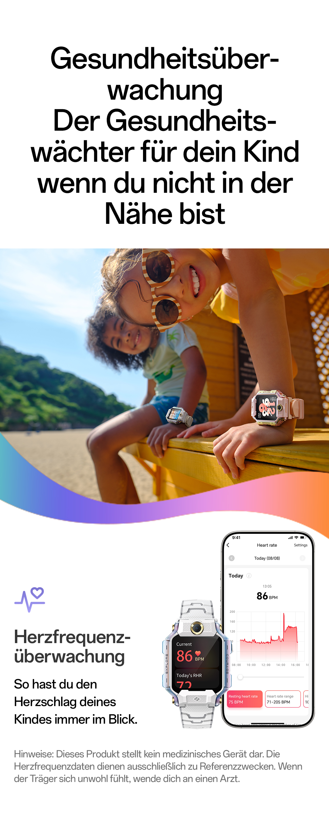 imoo Watch Phone X10 zeigt Herzfrequenzmessung bei Kindern und die dazugehörige App. Produktseite.