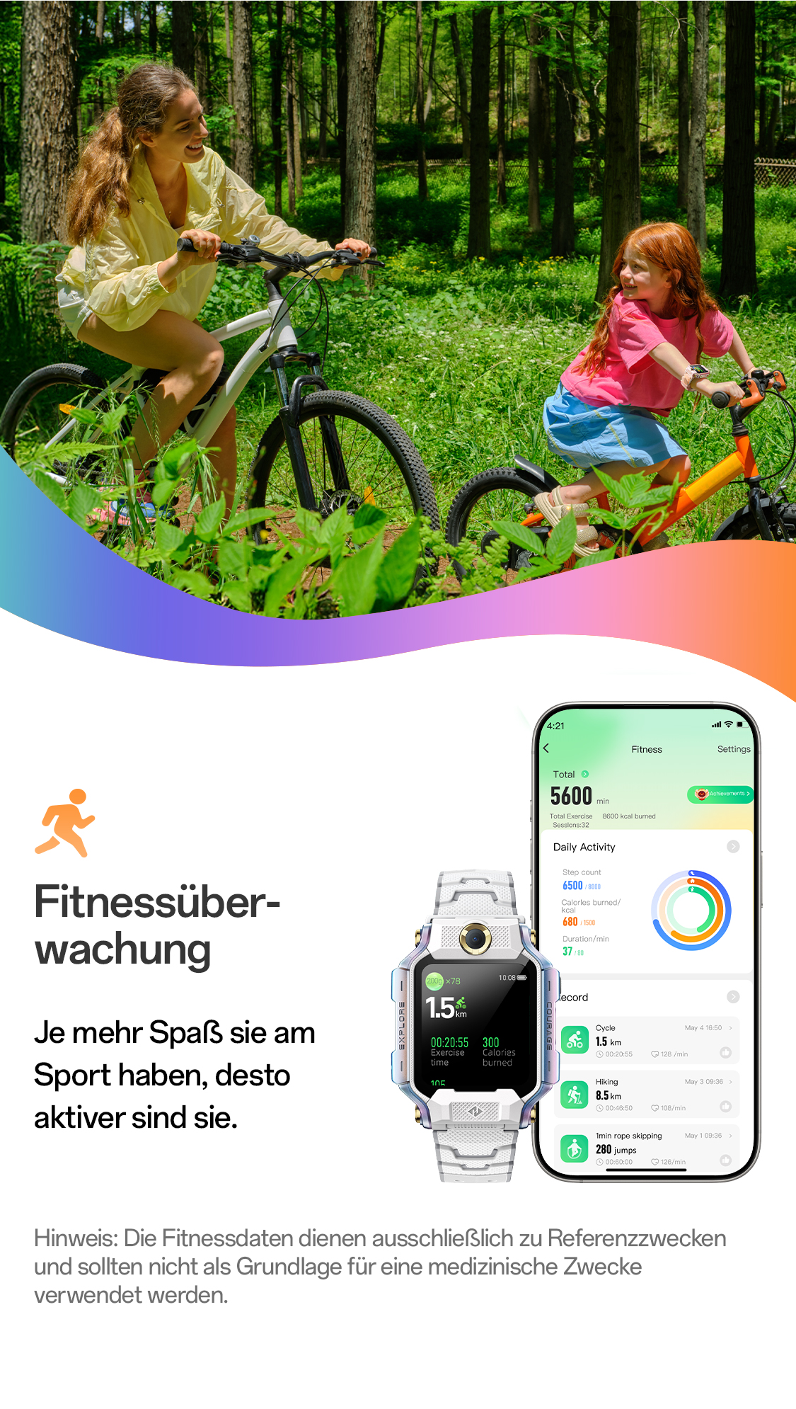 imoo Watch Phone X10 mit Mutter und Kind beim Radfahren im Wald, zeigt Fitness-Tracking auf der Produktseite.