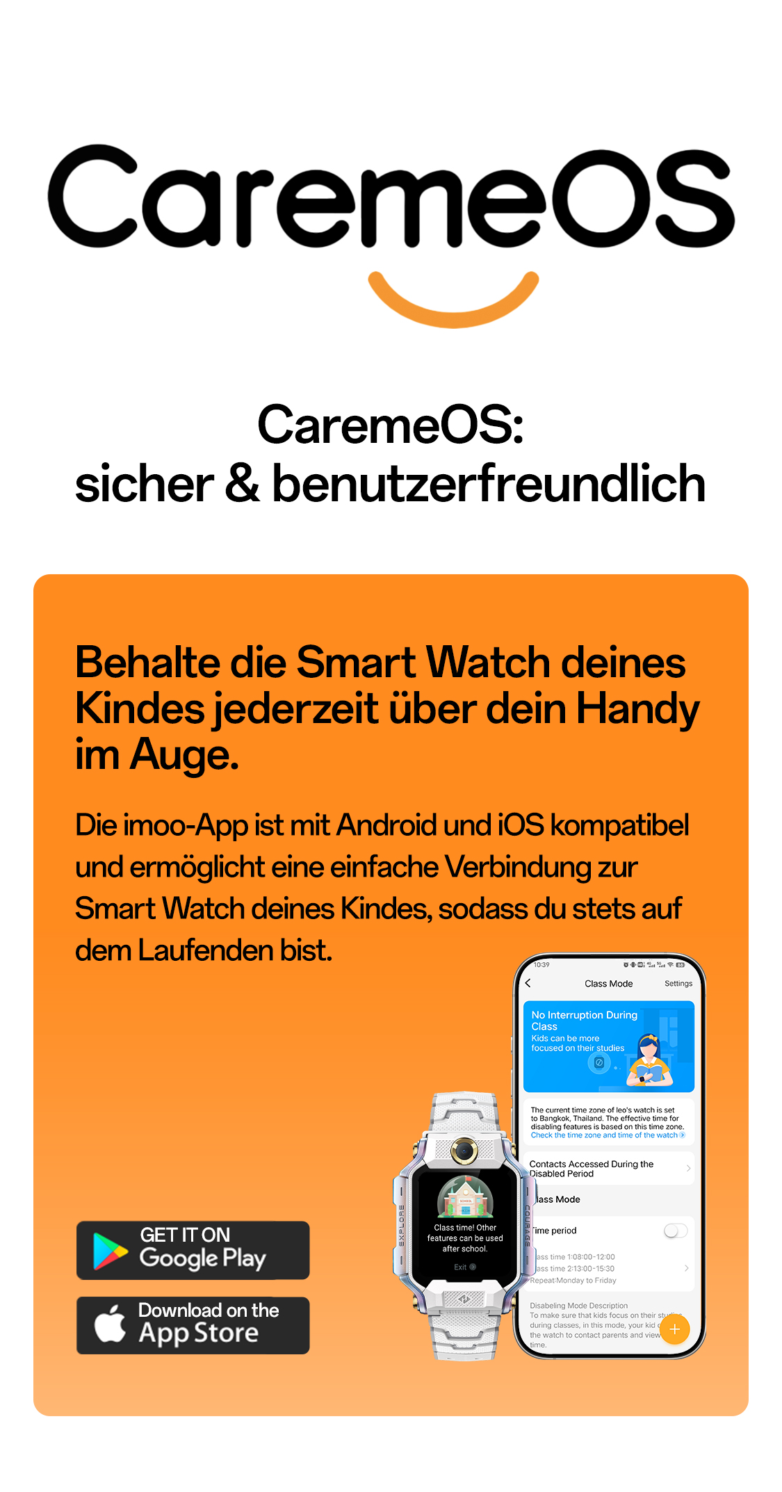 imoo Watch Phone X10 Kindersicherung: Schlafmodus, Klassenmodus, App-Verwaltung, Bildschirmzeit. Produktseite.