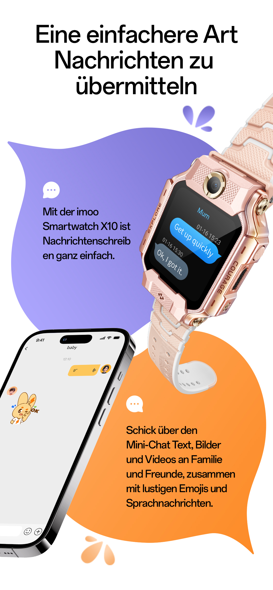 imoo Watch Phone X10: Zwei Kinder vergleichen ihre Uhren im Freien, um Freunde hinzuzufügen. Grau und Roségold Varianten.