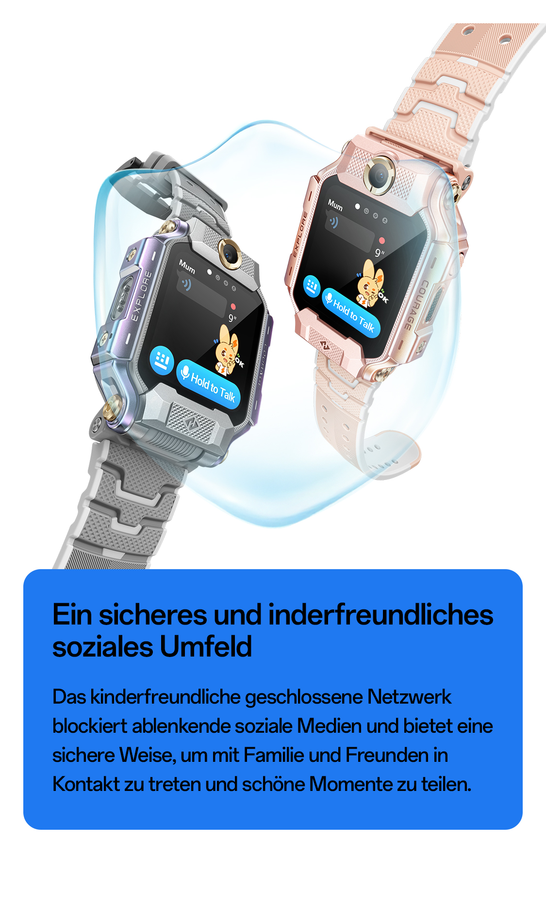 Kind mit rosafarbener imoo X10 Uhr schwimmt, sichere Anruffunktion