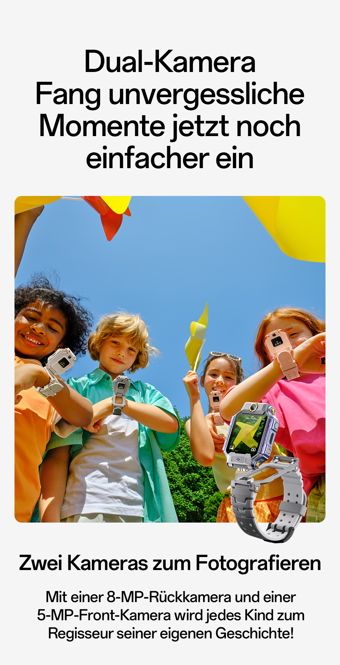 imoo Watch Phone X10 in Silber mit grauem Armband: lächelndes Kind macht Selfie im Freien, Produktseite