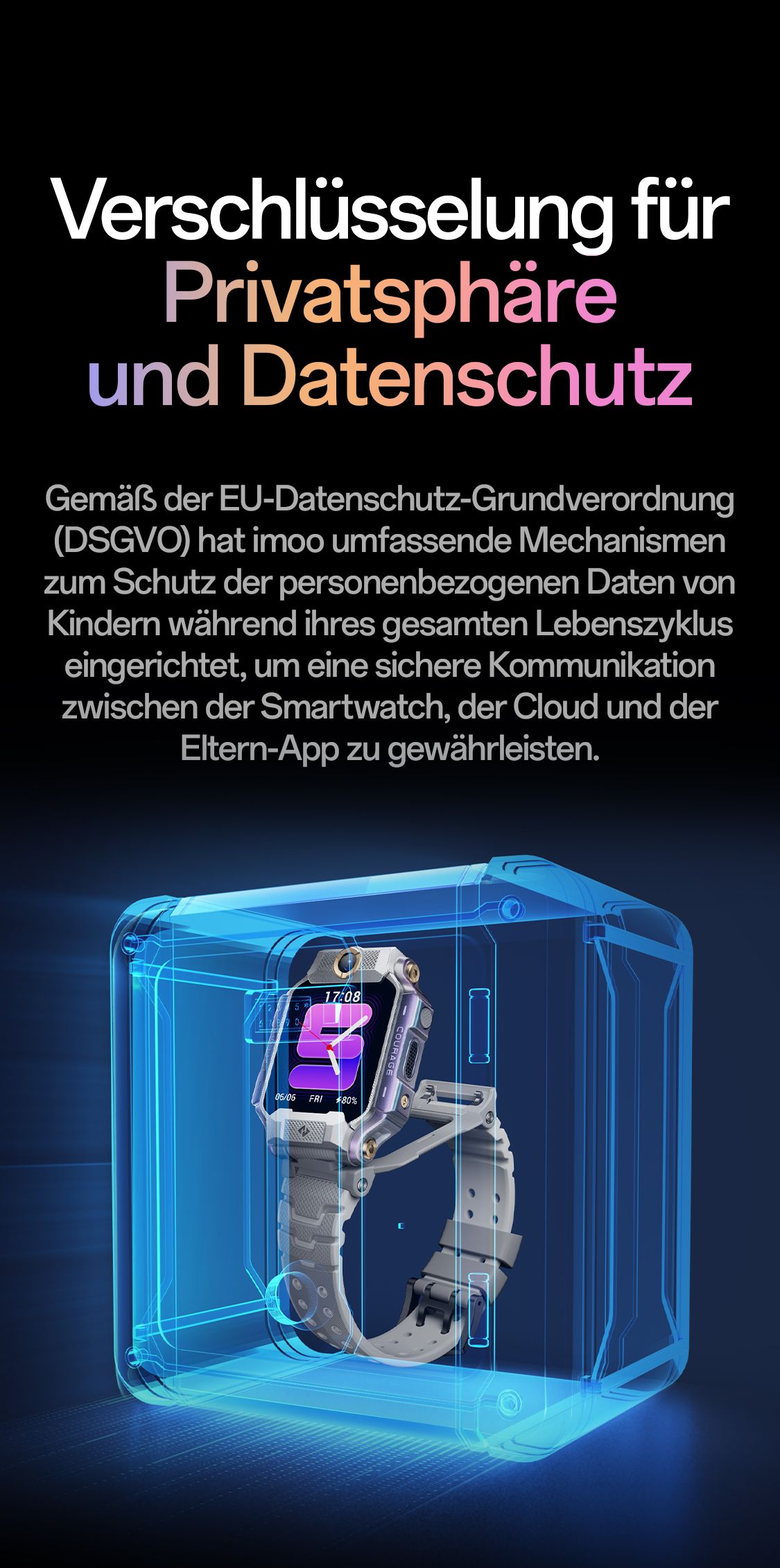 imoo Watch Phone X10: Snapdragon Chip, 1GB+32GB Speicher, 4G, WLAN. Technische Details & Kinder im Freien. Produktseite.