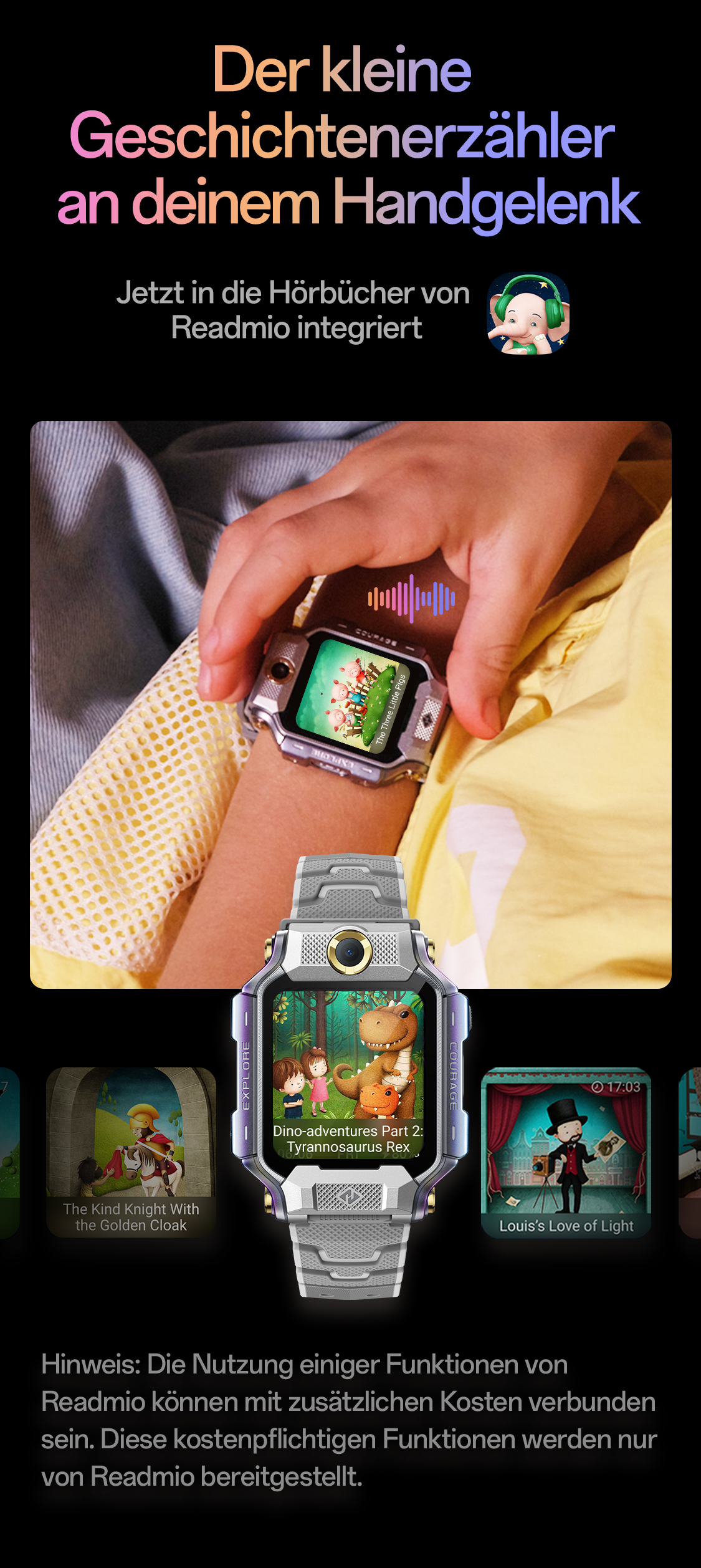 imoo Watch Phone X10: Verpackungsinhalt mit Uhr, Ladekabel, Kurzanleitung. Produktseite.