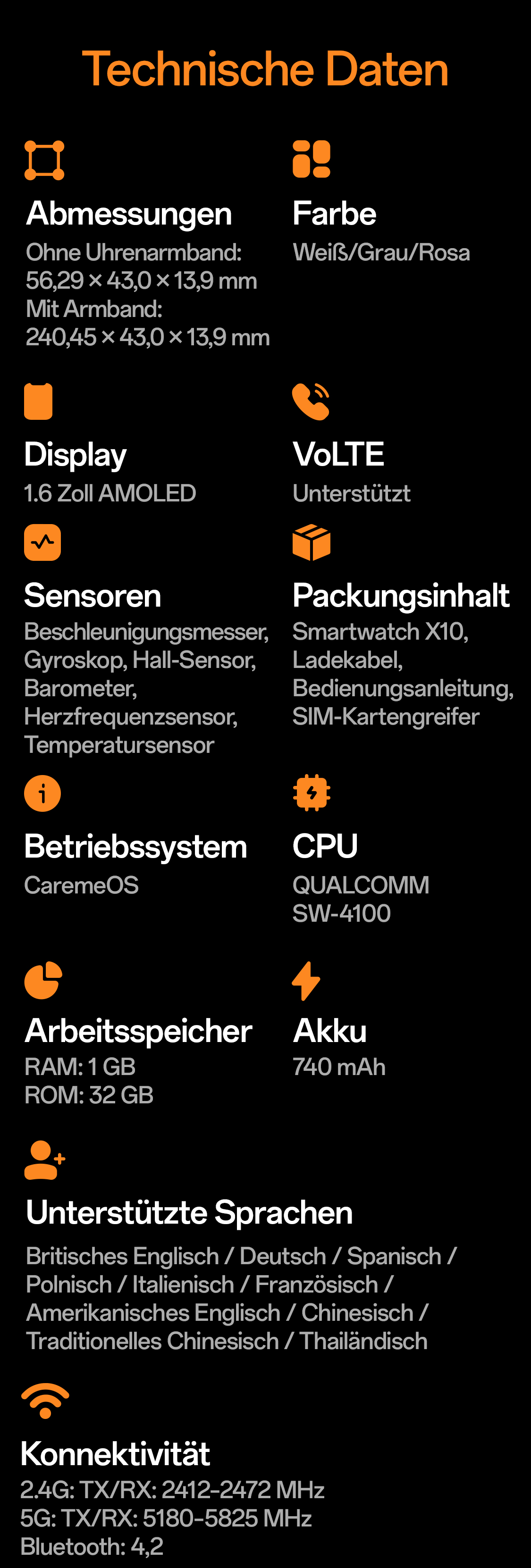 imoo Watch Phone X10 technische Daten: Abmessungen, Farben, Display, Akku, Konnektivität. Produktseite.