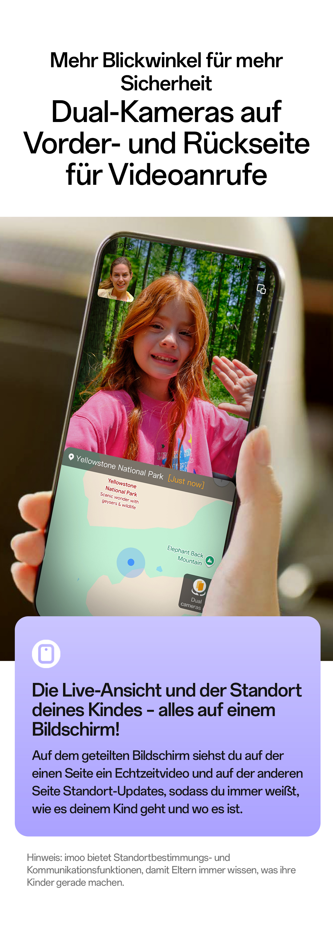 imoo Watch Phone X10: geteilter Bildschirm zeigt Videoanruf mit Kind im Wald und Standortkarte. Produktseite.