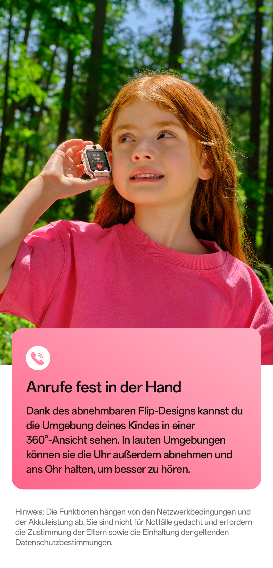 imoo Watch Phone X10 mit rosa Armband im Wald bei Anruf von 'Mum' auf der Produktseite.