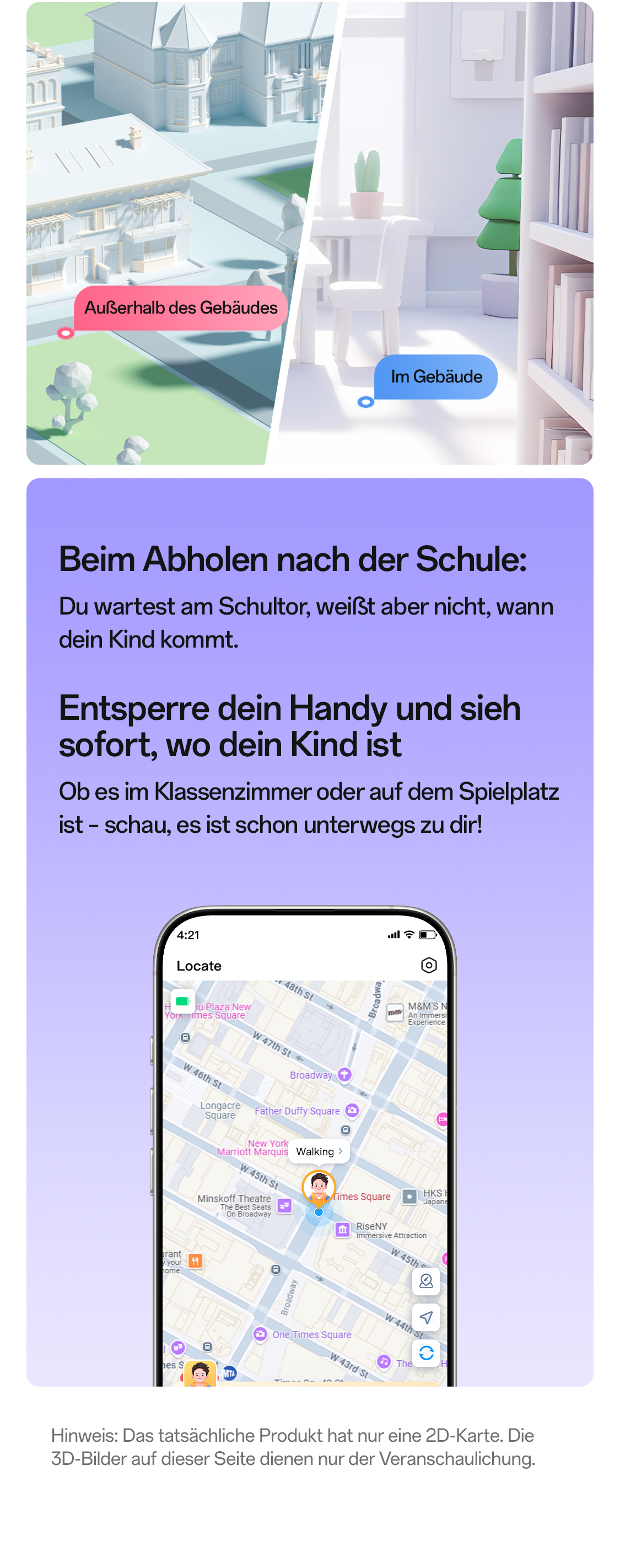 imoo Watch Phone X10 zeigt Kindesstandort auf Times Square Karte der Locate App. Produktseite.