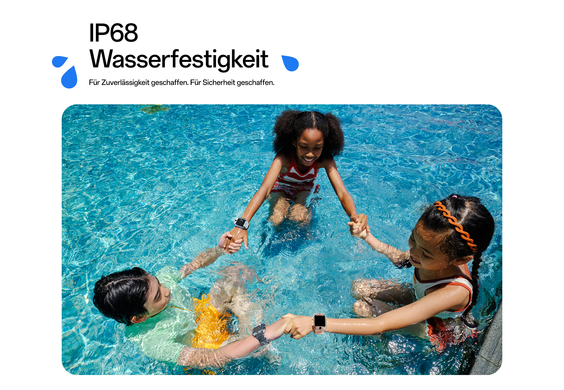 imoo X10 Smartwatch zeigt Wasserdichtigkeit: Kinder spielen lachend im Pool und tragen die Uhr, Produktseite