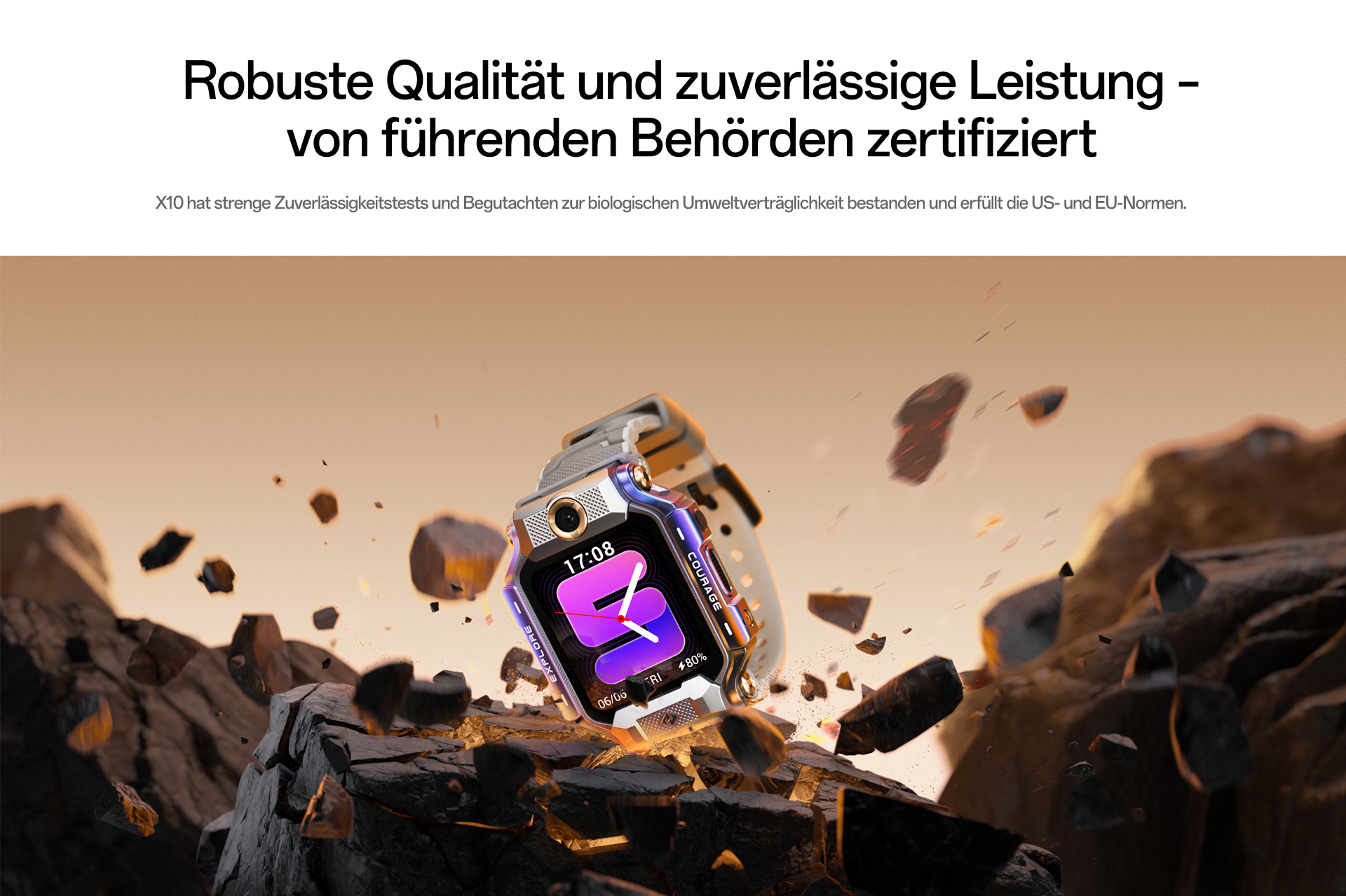 imoo Watch Phone X10, Silber, weißes Armband, dramatische Felslandschaft. Robustheit betont. Produktseite.