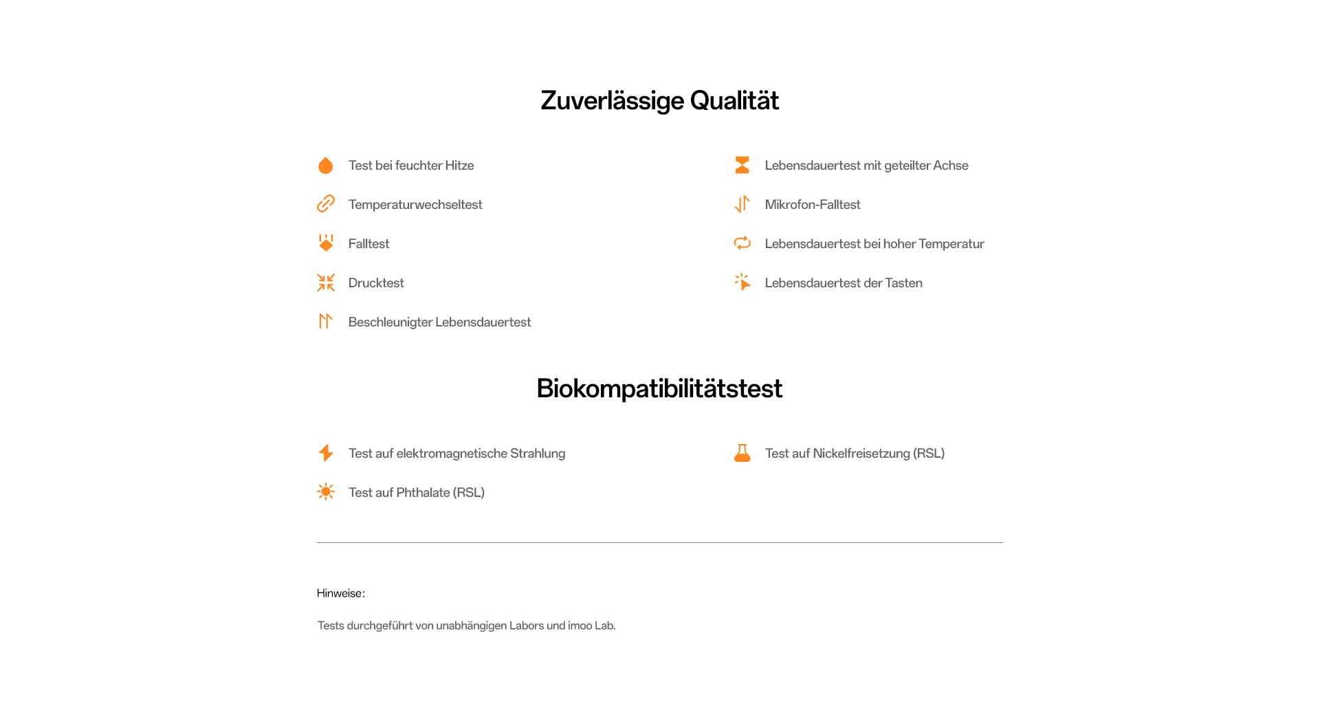 imoo Watch Phone X10: Übersicht der Zuverlässigkeits- und Biokompatibilitätstests zur Hervorhebung der Produktqualität.