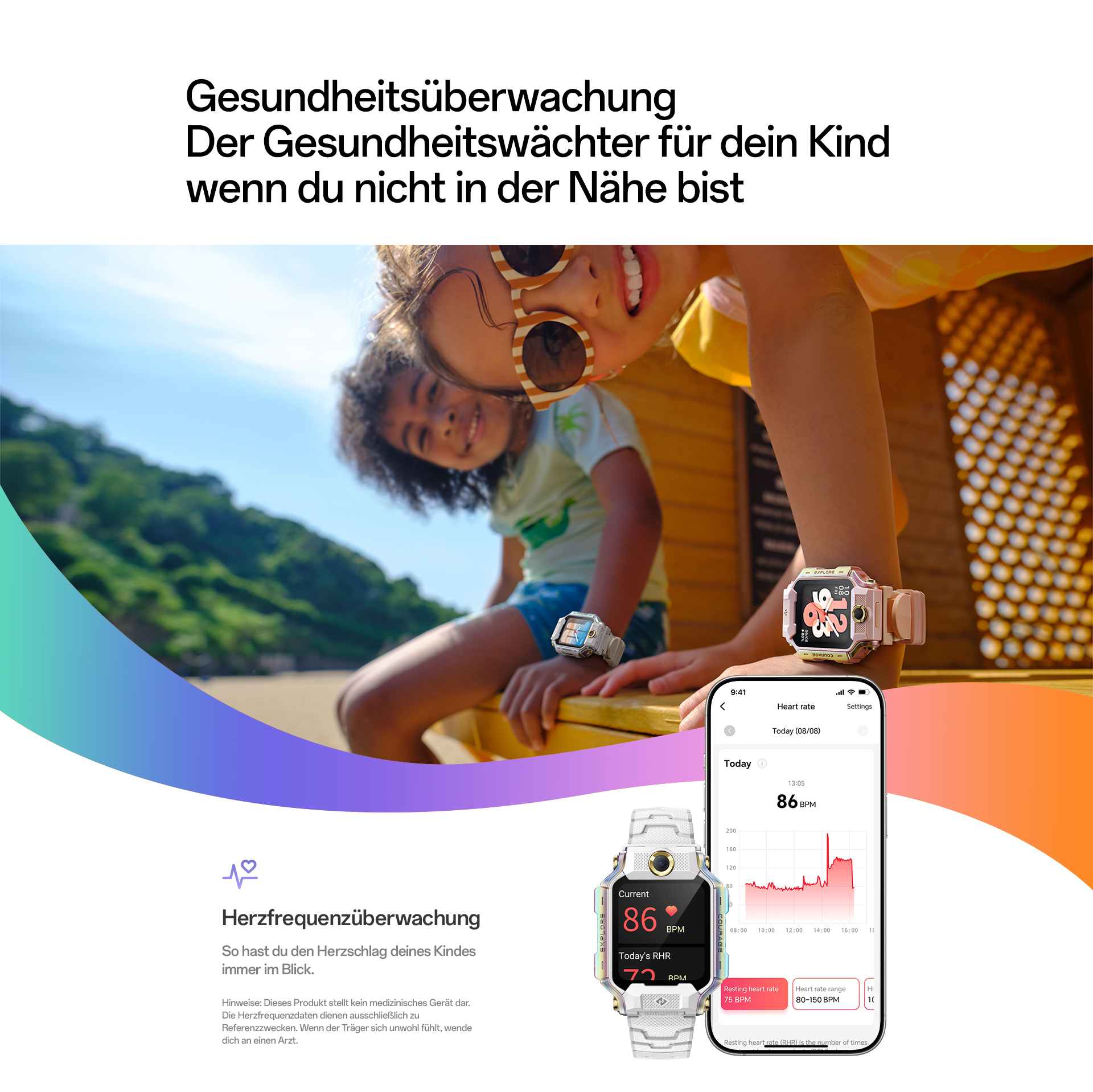 imoo Watch Phone X10 mit zwei Kindern im Freien, zeigt Herzfrequenzüberwachung auf einer Produktseite