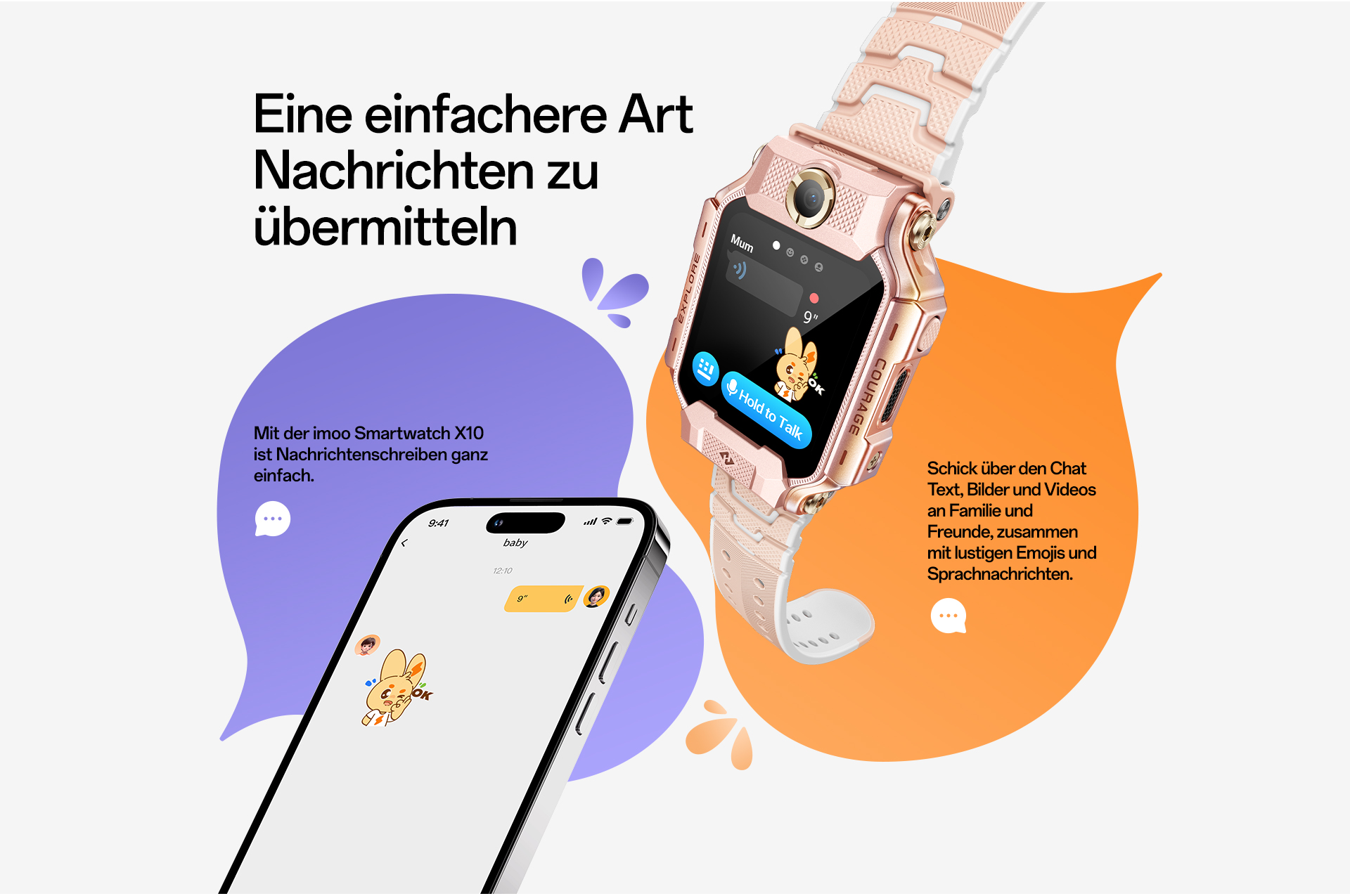imoo Watch Phone X10 Roségold mit weißem Armband demonstriert Messaging-Funktion mit Smartphone-Chat-App, Seite: Produktseite