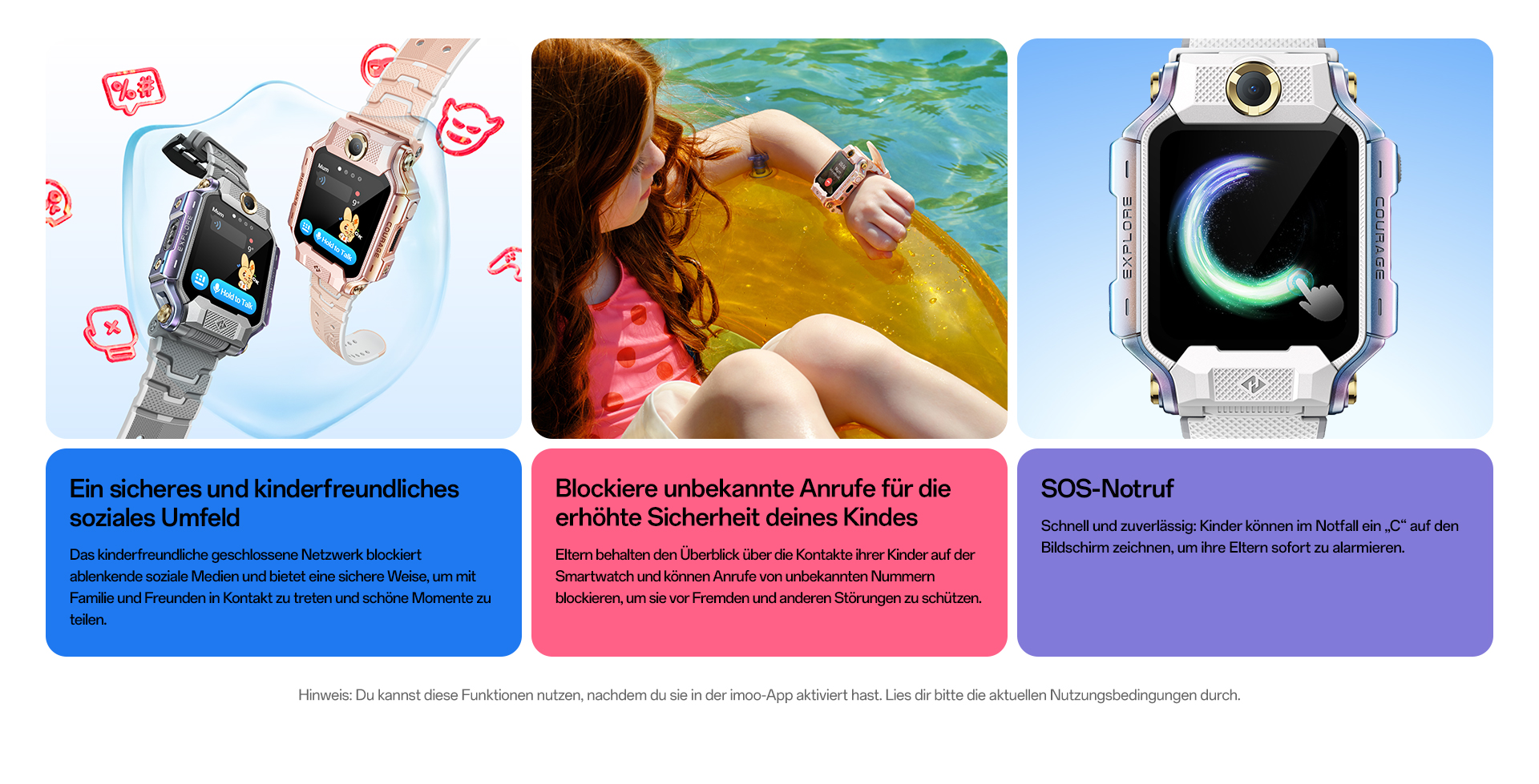 imoo Watch Phone X10: Grau und Roségold Varianten, Kind am Pool, weiße Uhr mit SOS-Funktion. Produktseite.