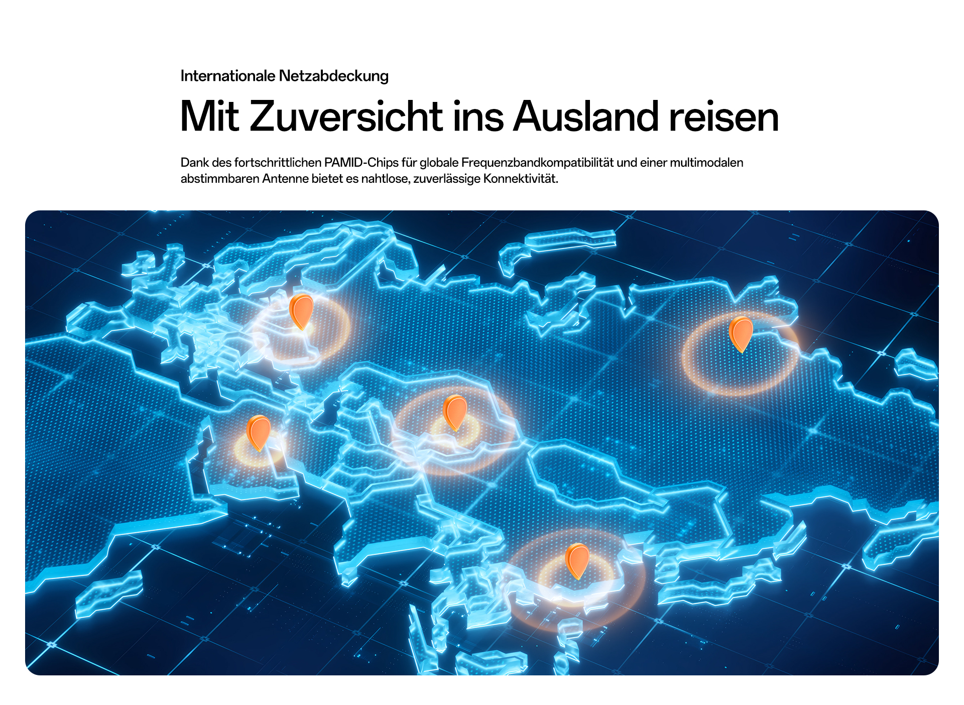 imoo Watch Phone X10: Weltkarte mit Markierungen, zeigt internationale Netzabdeckung. Produktseite.