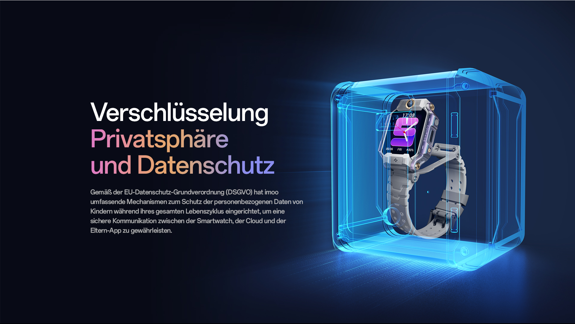 imoo Watch Phone X10: Grau, weißes Armband, in transparenter Hülle für Verschlüsselung & Datenschutz, Produktseite.