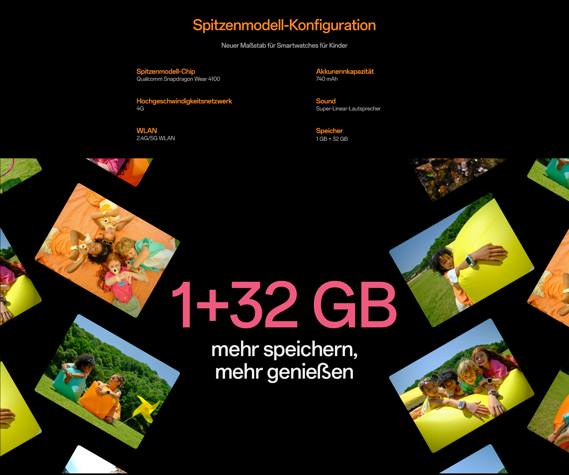 imoo Watch Phone X10: 1GB+32GB Speicher, Snapdragon Chip. Kinder spielen draußen. Produktseite.