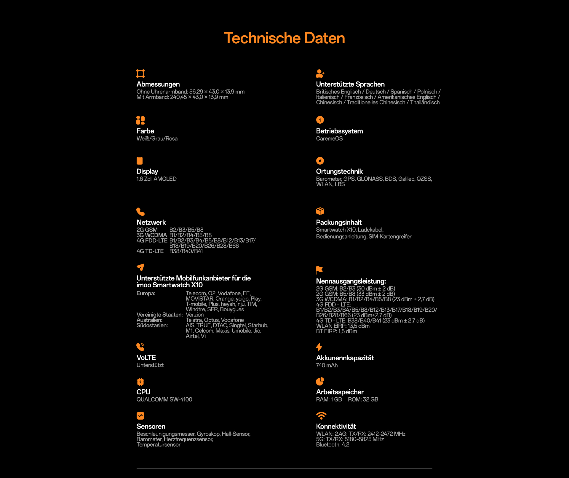imoo Watch Phone X10 Specs: Abmessungen, Farben, Display, Netzwerk, Sprachen, Ortung, Akku, Speicher.