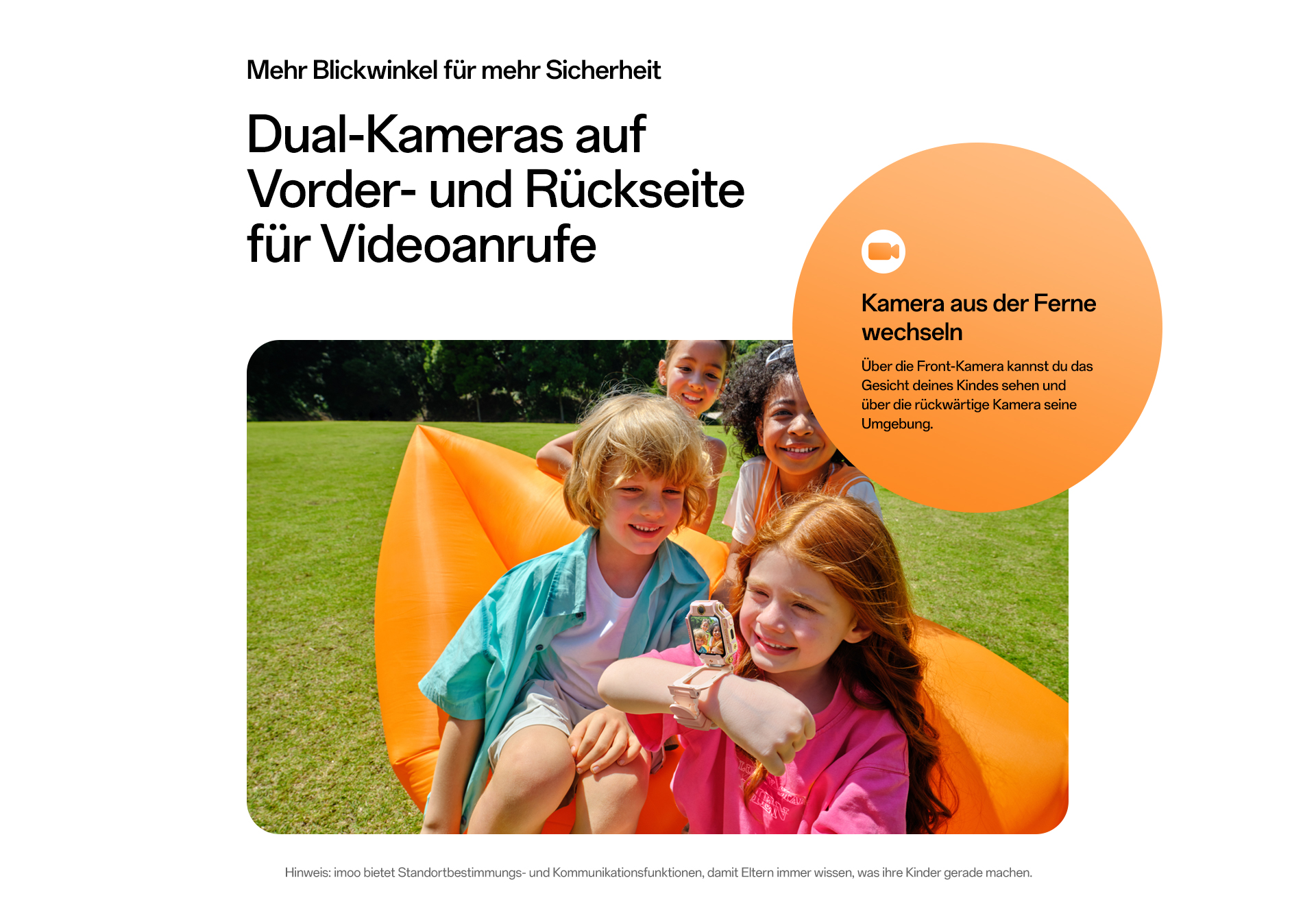 imoo X10 Smartwatch mit rosa Armband zeigt Videoanruf, Kinder lachen auf Luftmatratze. Produktseite.