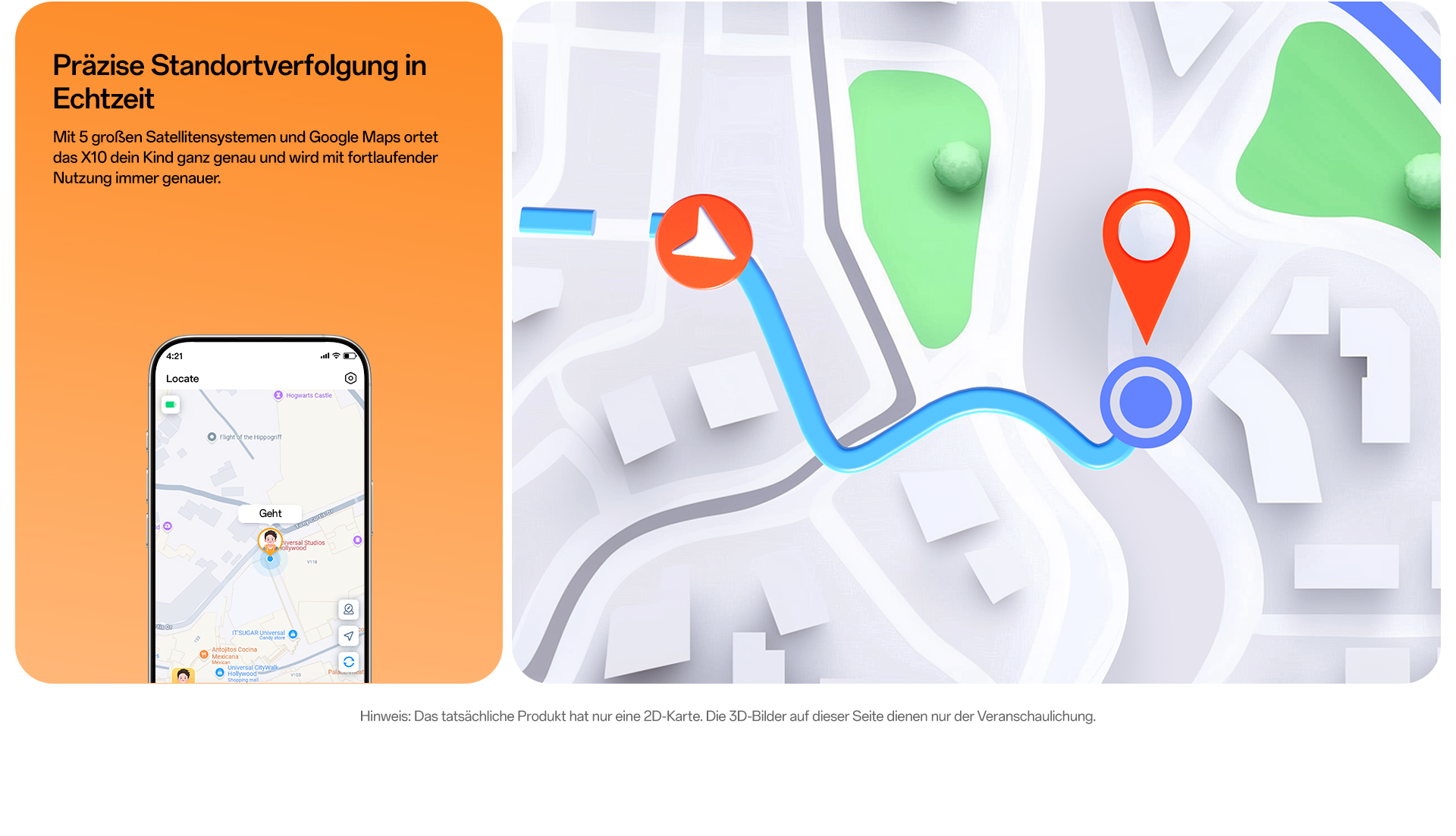 imoo Watch Phone X10 zeigt Echtzeit-Standortverfolgung mit Karte und 'Locate'-App auf dem Smartphone. Produktseite.
