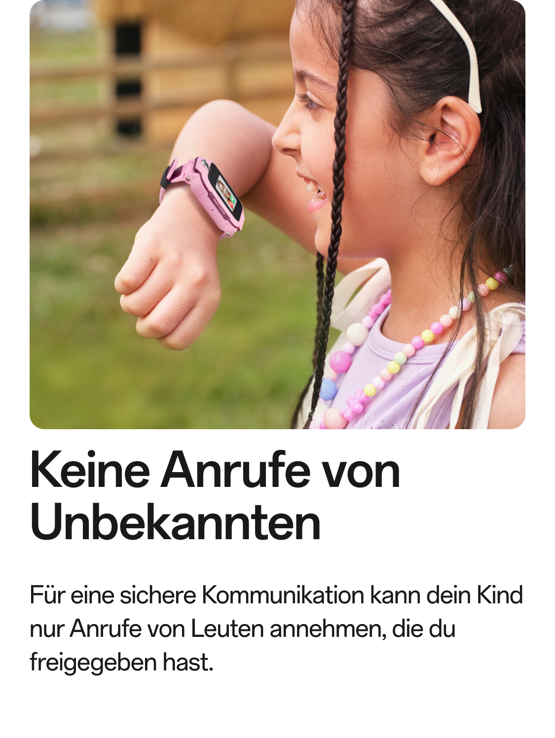 Mädchen mit imoo Watch Phone Z3 (Rosa): Sichere Kommunikation, nur Anrufe von Freigegebenen. Produktseite.