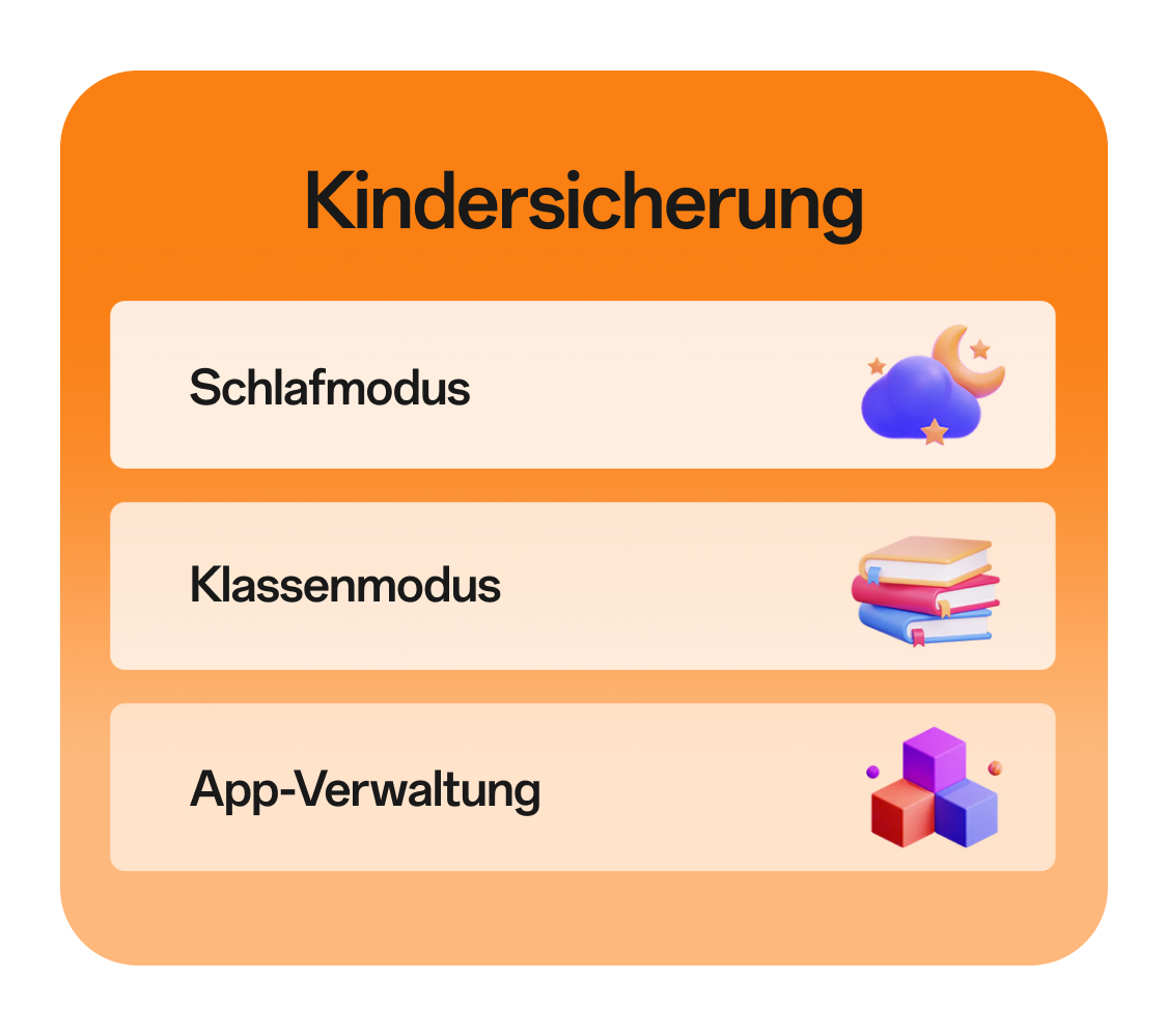 imoo Z3 Kindersicherung: Schlaf-, Klassenmodus und App-Verwaltung mit Icons für Sicherheit auf der Produktseite