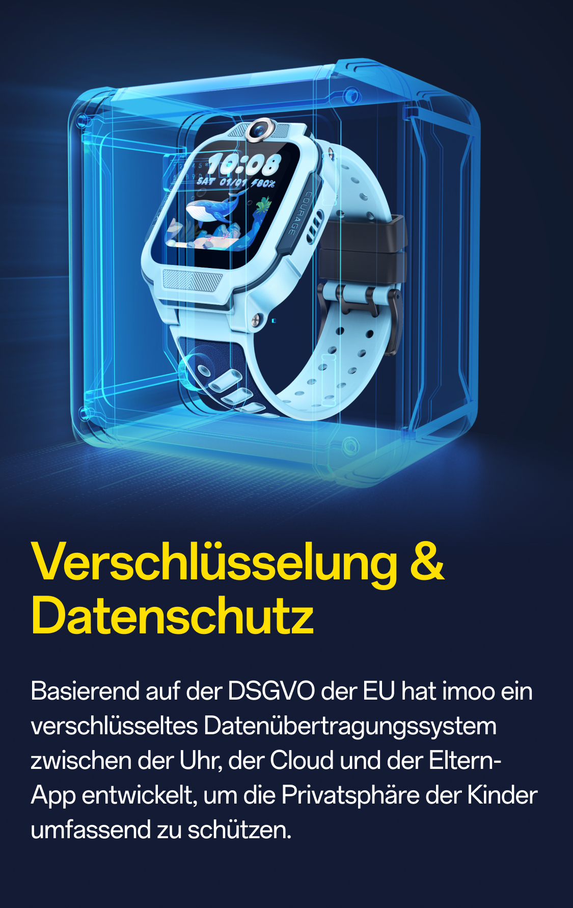 imoo Watch Phone Z3 (hellblau) mit Wal-Zifferblatt in blauer Hülle. 'Verschlüsselung & Datenschutz' betont Sicherheit.