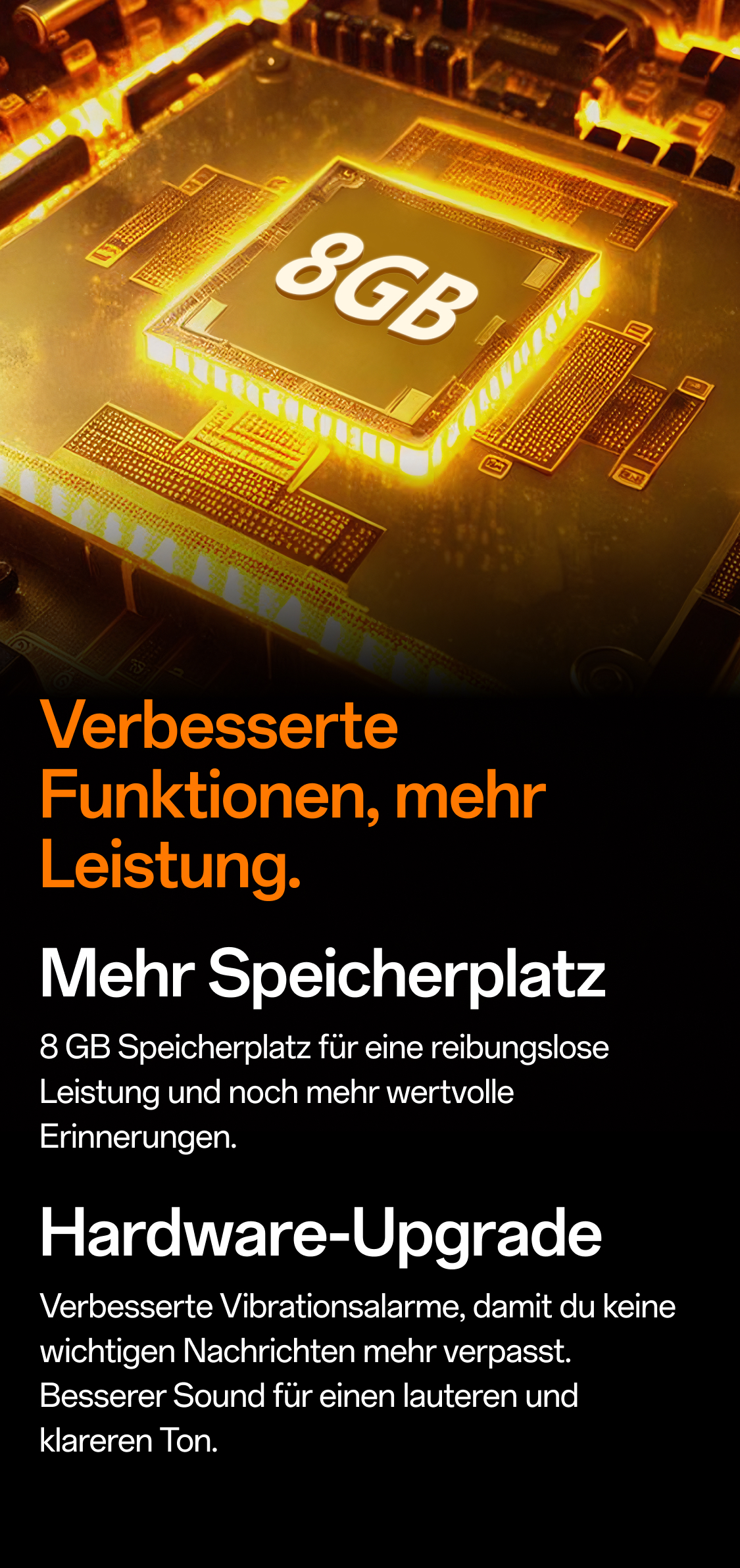 Goldener 8GB Mikrochip hervorhebt verbesserte Leistung und mehr Speicherplatz der imoo Z3 Smartwatch.