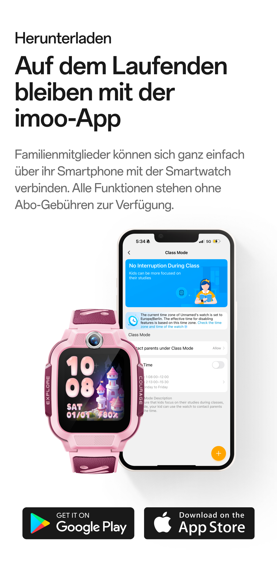 imoo Watch Phone Z3 Lieferumfang: hellblaue Uhr, Verpackung, Ladekabel, Anleitung, SIM-Öffner. Produktseite.