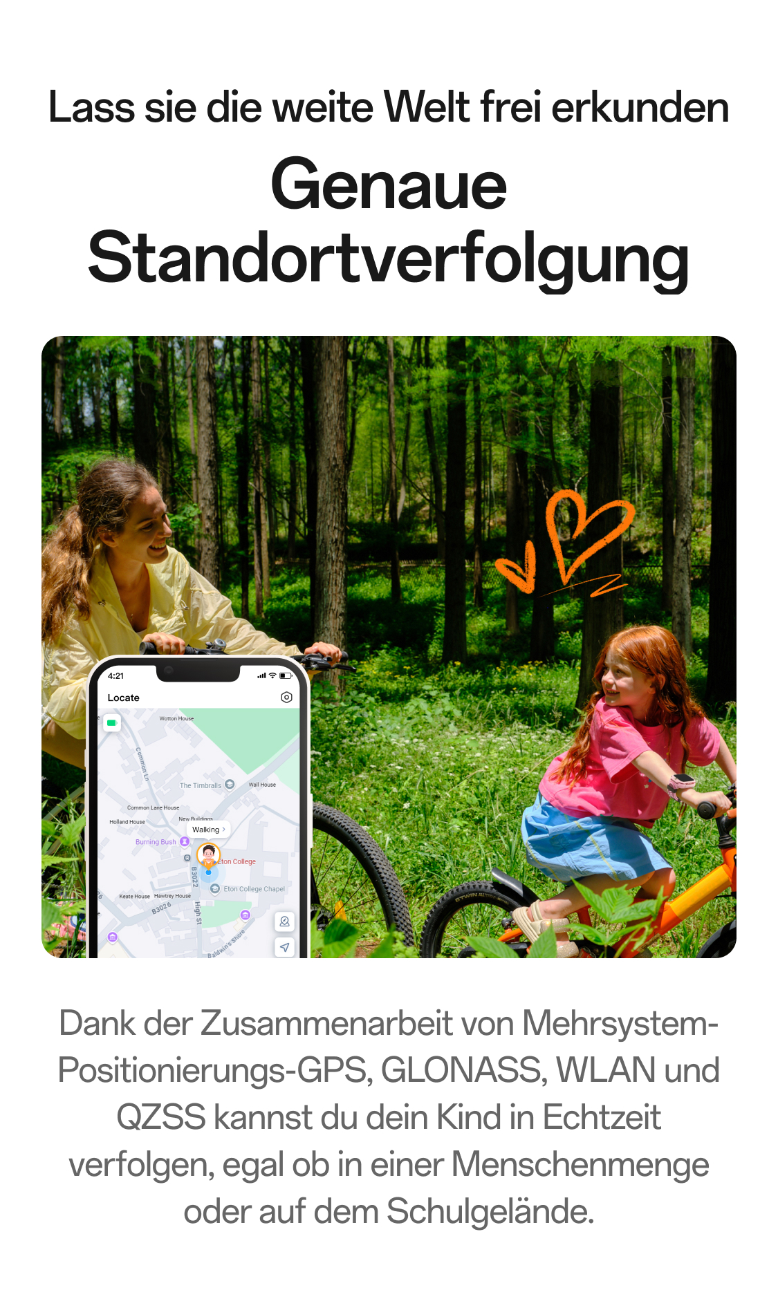 imoo Z3: Kindersicherheit beim Radfahren im Wald. Handy zeigt 'Locate' App, Kind mit Uhr ist genau verfolgbar.