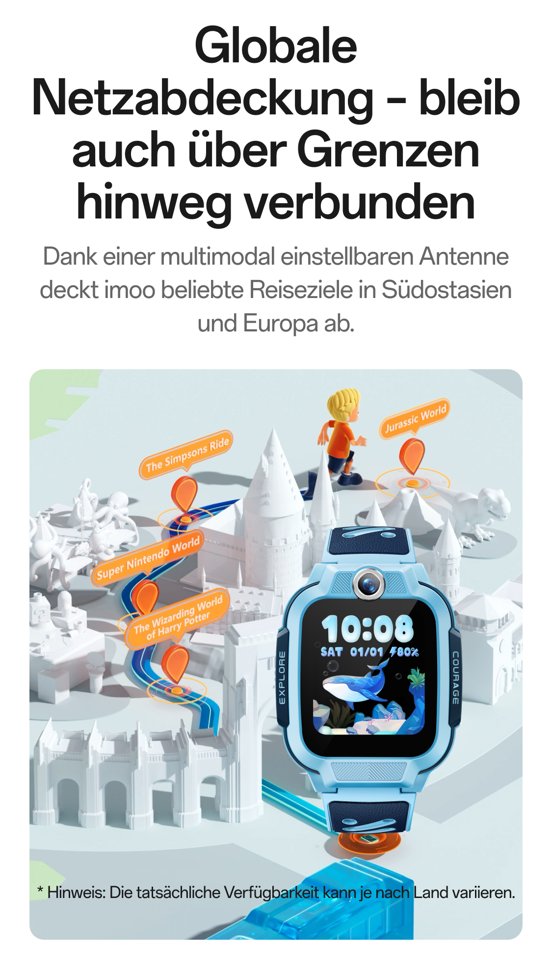 imoo Z3 globale Netzabdeckung: Weltkarte mit orangefarbenen Standort-Pins und leuchtenden Verbindungen. Produktseite.