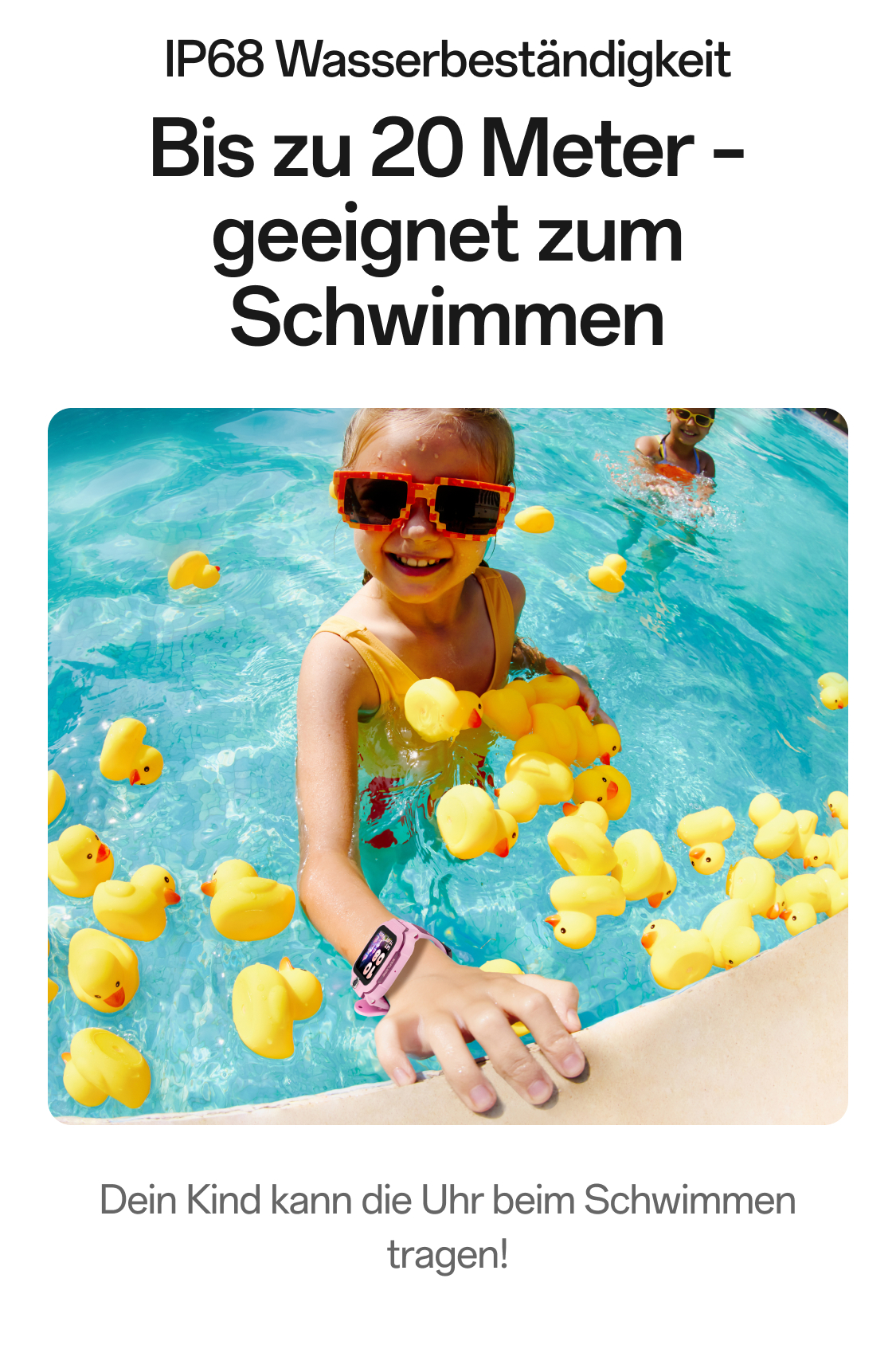imoo Watch Phone Z3 rosa zeigt IP68 Wasserbeständigkeit beim Schwimmen im Pool mit Quietscheentchen, Produktseite