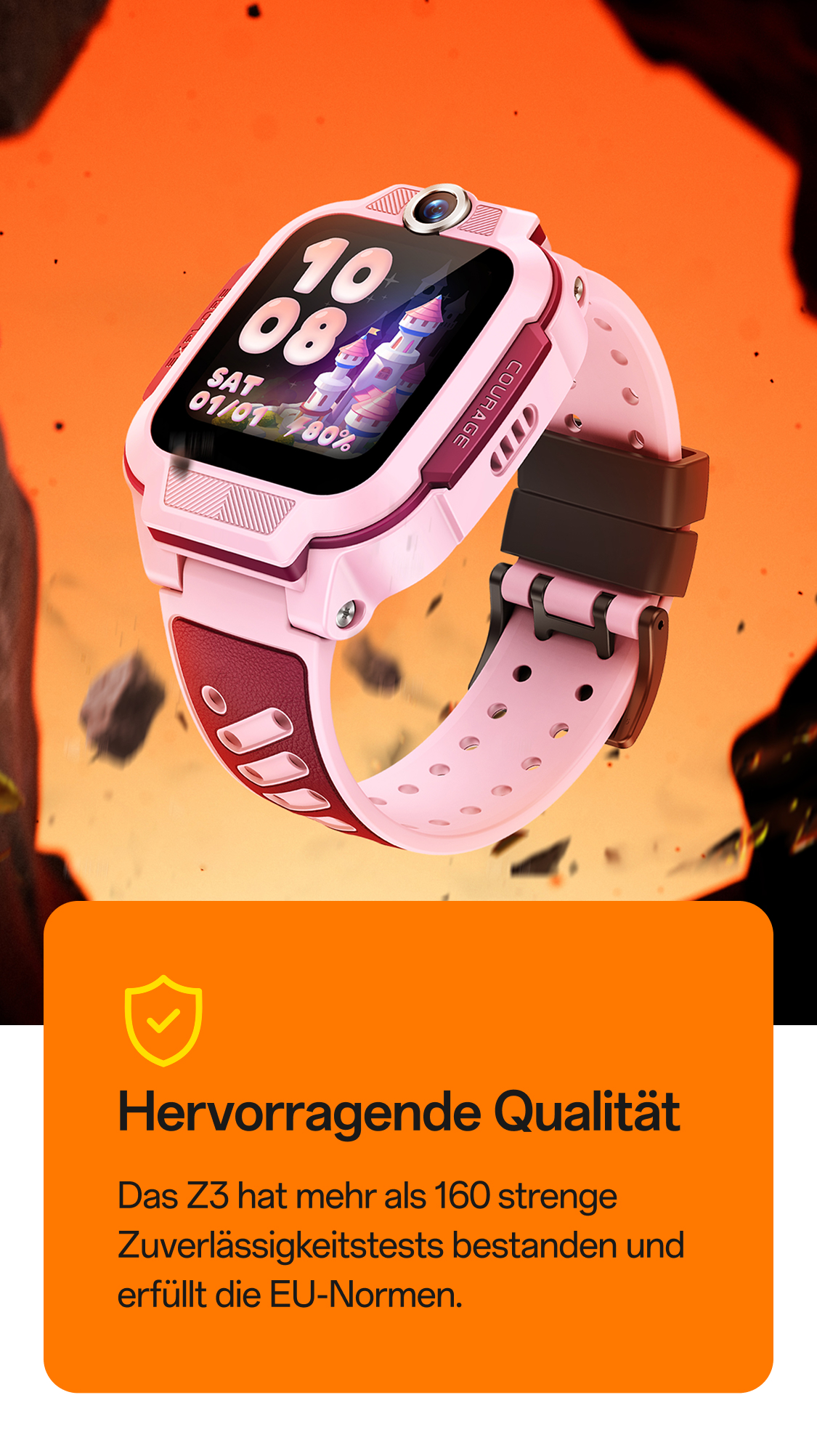 imoo Watch Phone Z3 Rosa Kinder-Smartwatch mit Burg-Zifferblatt, 'Hervorragende Qualität' Banner.