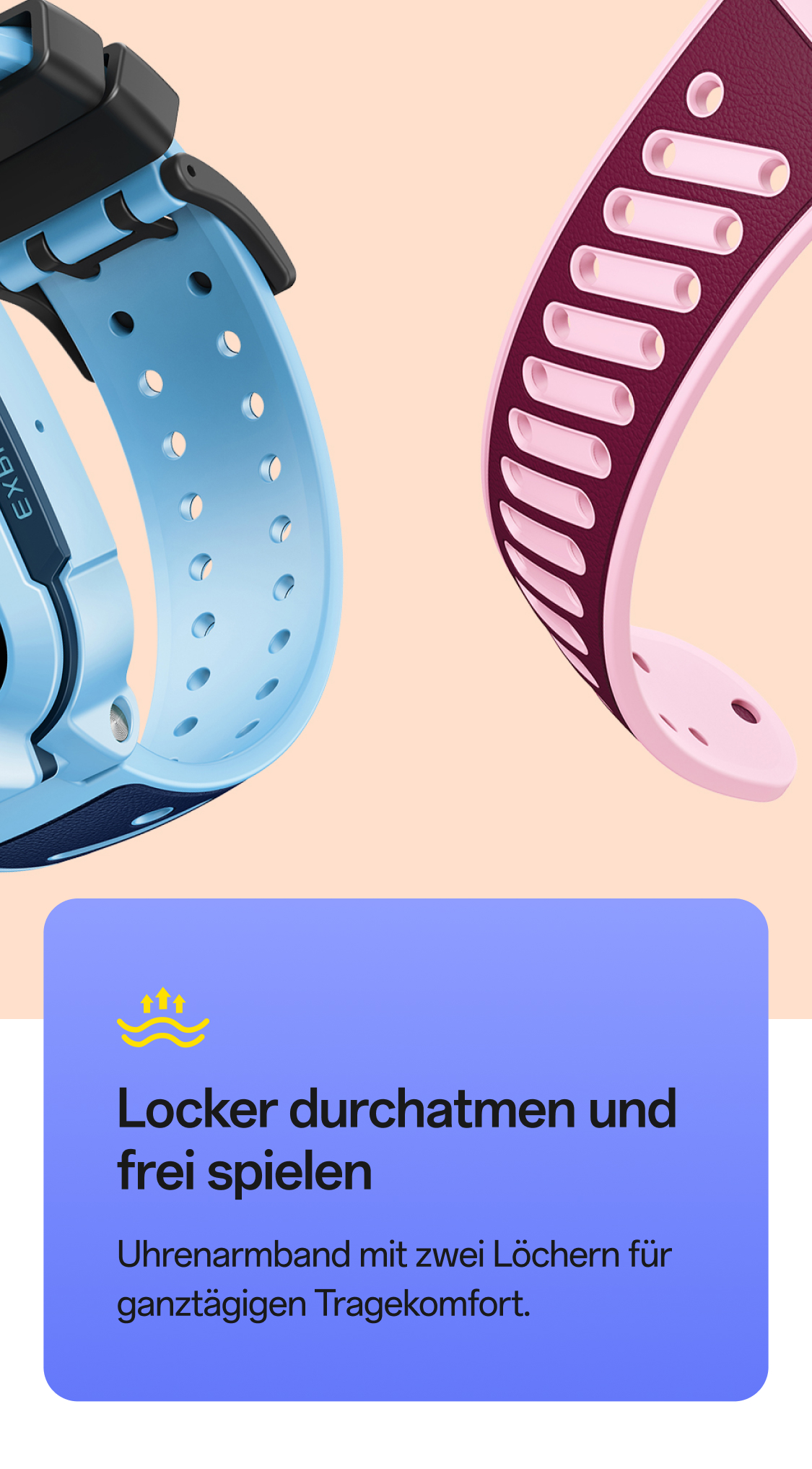 imoo Z3 Kinderuhr Armbänder: Hellblau und Bordeauxrot mit Doppel-Loch-Design für ganztägigen Tragekomfort. Produktseite.
