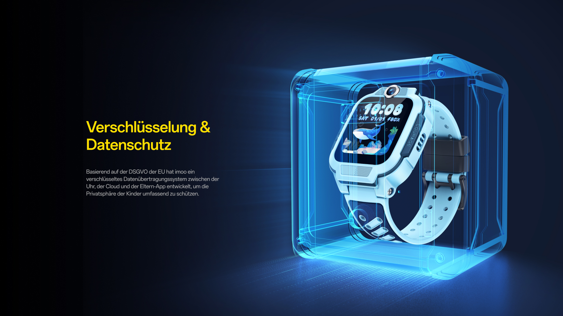 imoo Z3 Kindersicherung: Schlaf-, Klassenmodus und App-Verwaltung mit Icons für Sicherheit auf der Produktseite