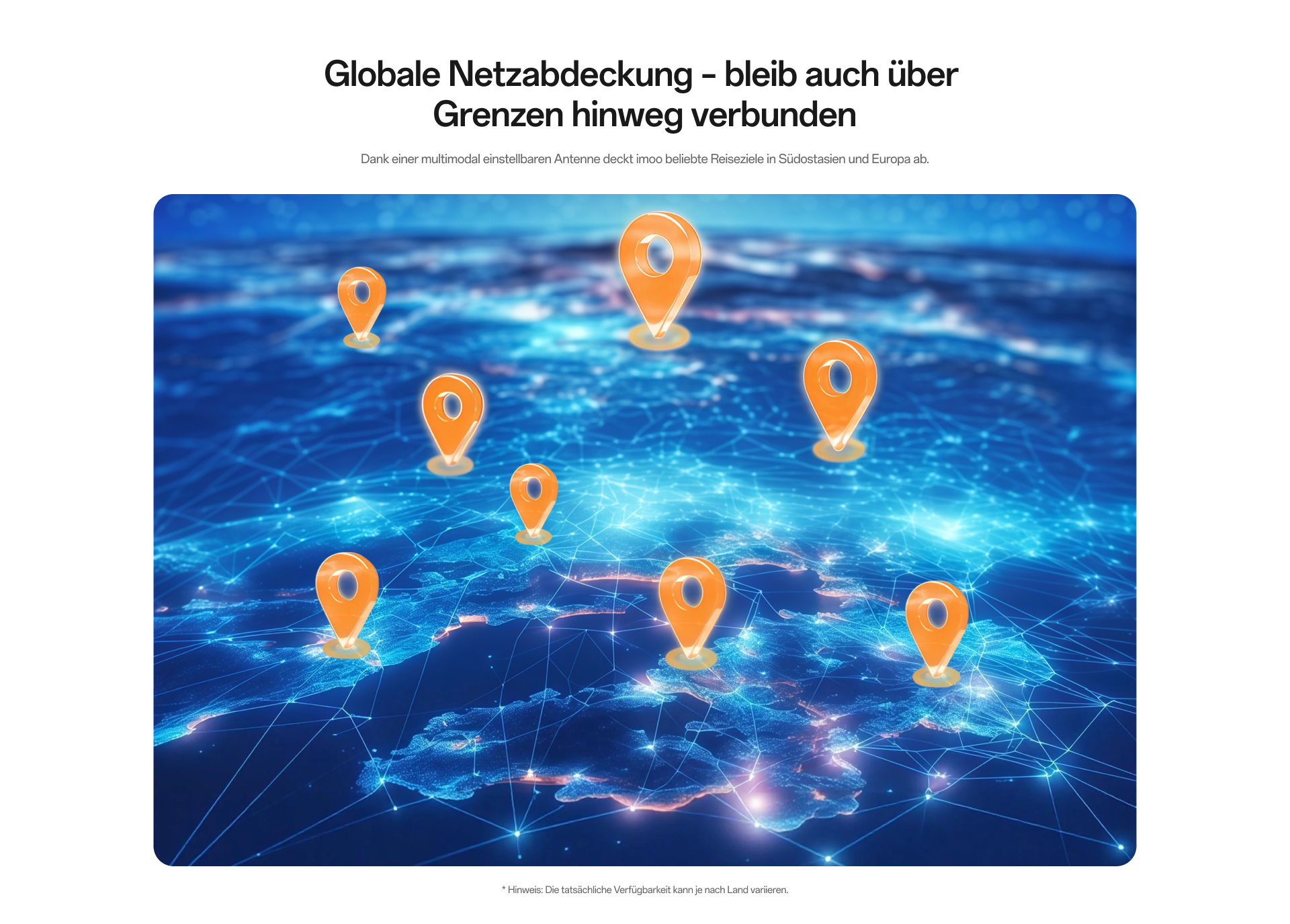 Globale Netzabdeckung von imoo mit leuchtenden Verbindungen und Standort-Pins auf stilisierten Weltkarte.