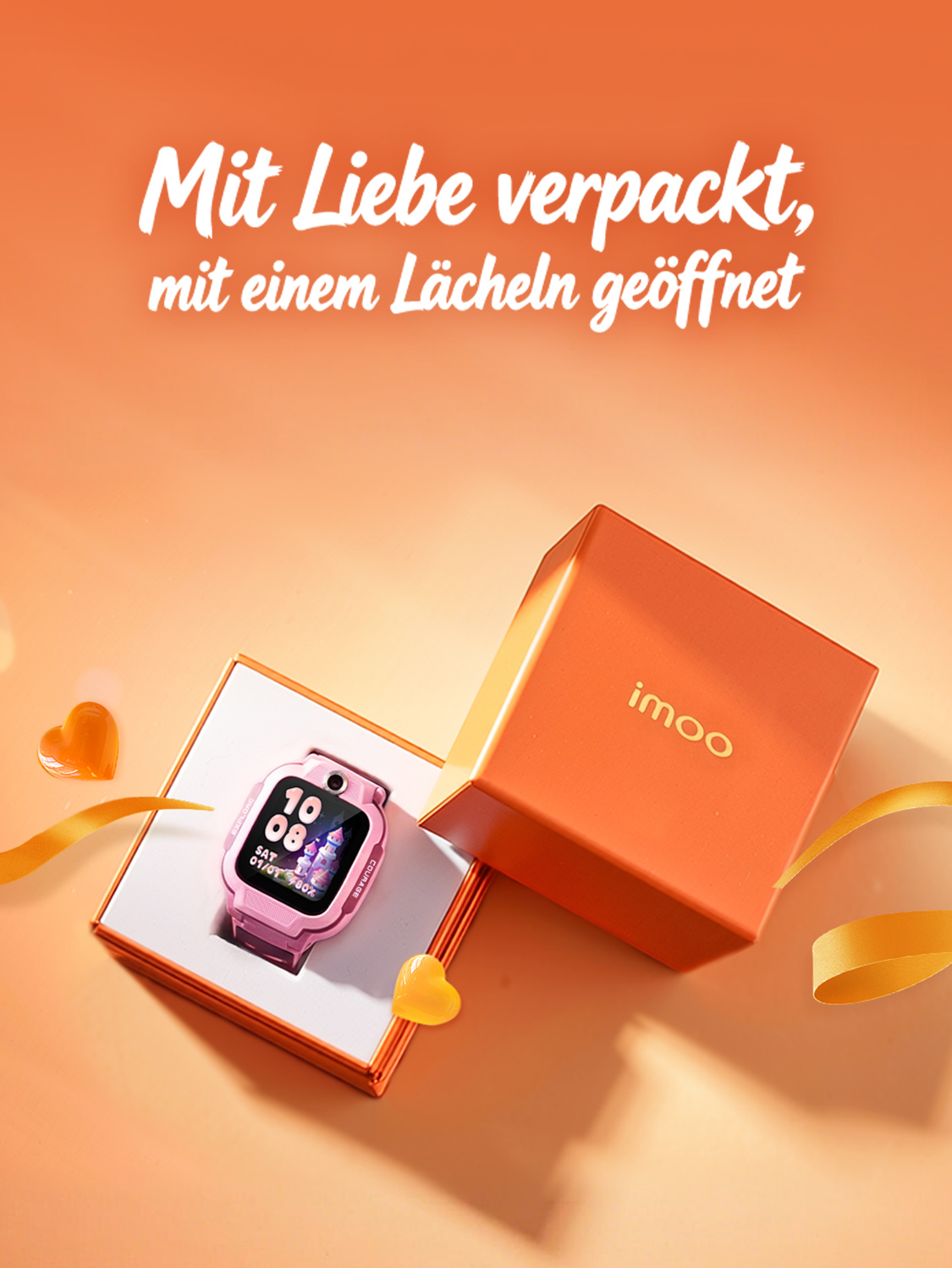 Mit Liebe verpackt, mit einem Lächeln geöffnet. imoo Z3 in einer orangefarbenen Geschenkbox.