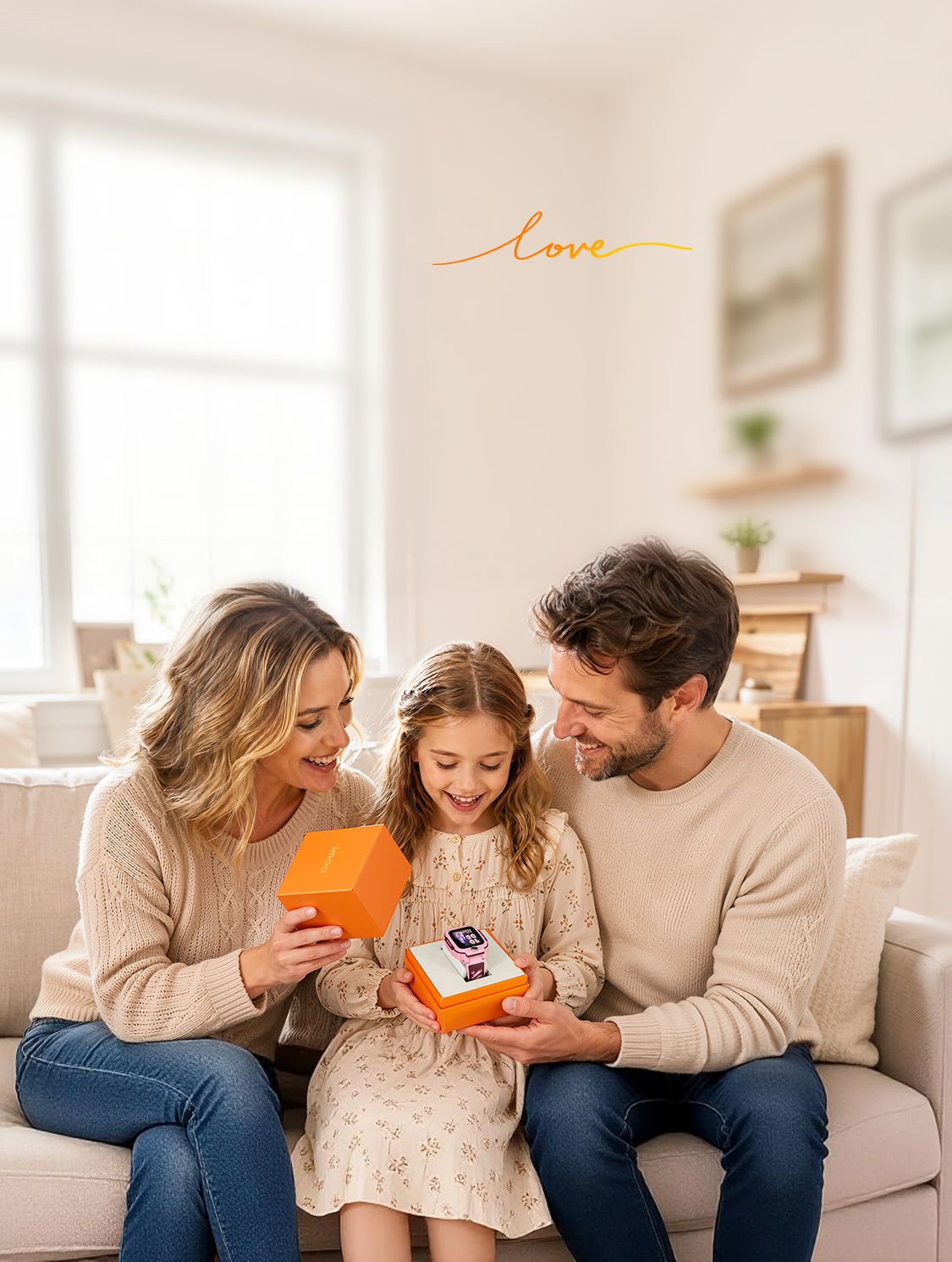 Eltern schenken ihrer Tochter eine imoo Z3 in einer orangefarbenen Geschenkbox.