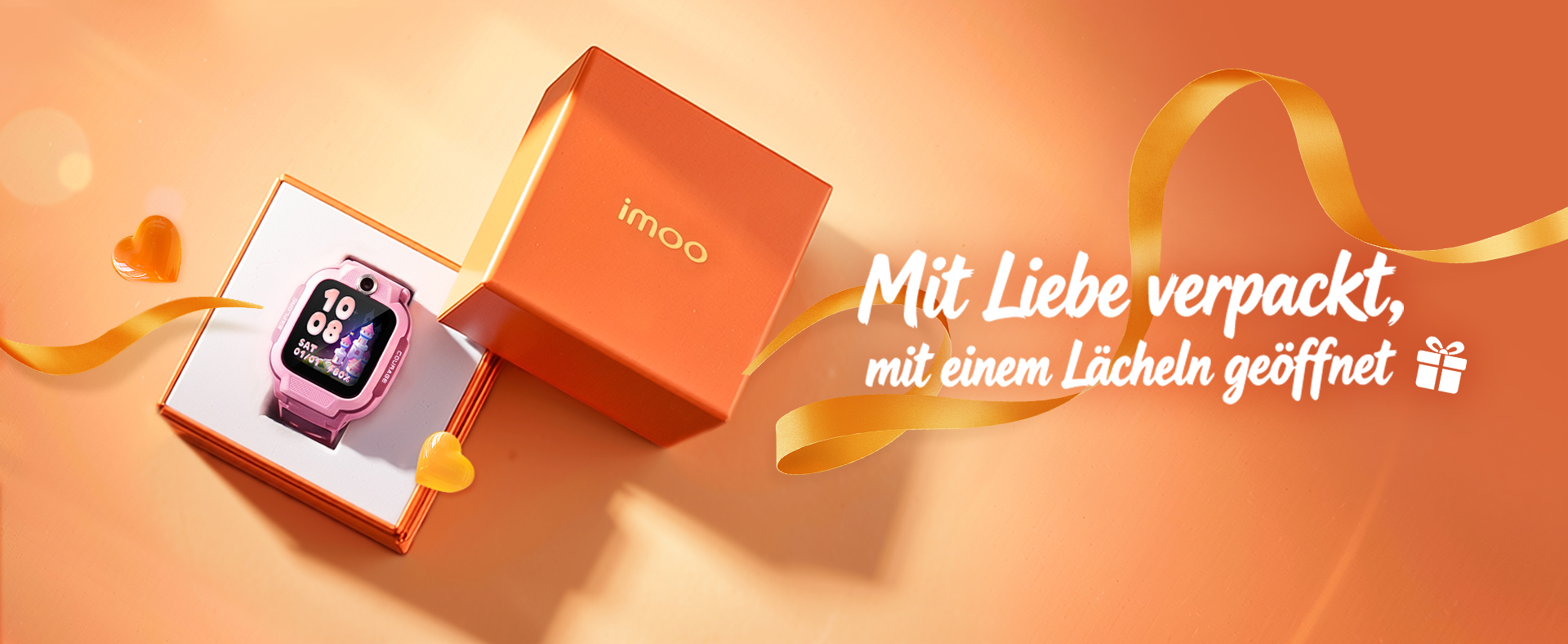 Mit Liebe verpackt, mit einem Lächeln geöffnet. imoo Z3 in einer orangefarbenen Geschenkbox.