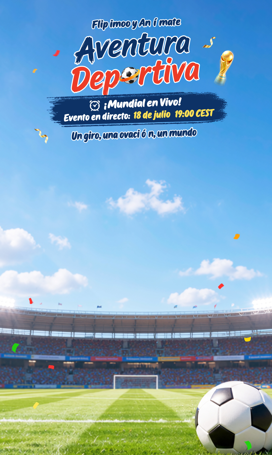 Flip imoo y anímate — Aventura Deportiva. ¡Mundial en vivo! Evento en directo: 18 de julio, 19:00 CEST. Un giro, una ovación, un mundo.
