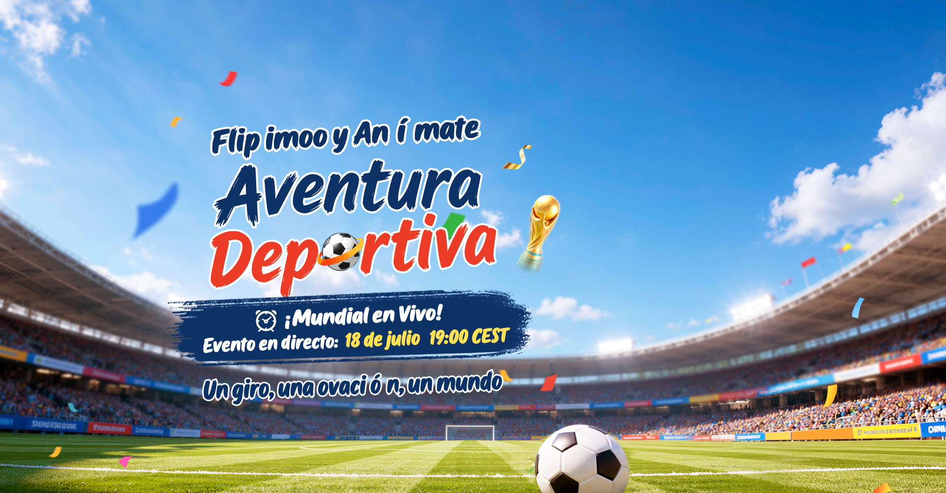 Flip imoo y anímate — Aventura Deportiva. ¡Mundial en vivo! Evento en directo: 18 de julio, 19:00 CEST. Un giro, una ovación, un mundo.