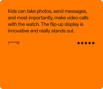 Kundenbewertung von I*****R, 4,5 von 5 Sternen: „Kinder können mit der Uhr Fotos machen, Nachrichten senden und – am wichtigsten – Videoanrufe tätigen. Das aufklappbare Display ist innovativ und ein echter Hingucker."
