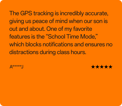 Kundenbewertung von A*****J, 3 von 5 Sternen: „Das GPS-Tracking ist unglaublich präzise und gibt uns ein sicheres Gefühl, wenn unser Sohn unterwegs ist. Besonders gefällt mir der „Schulmodus", der Benachrichtigungen blockiert und für Konzentration im Unterricht sorgt."