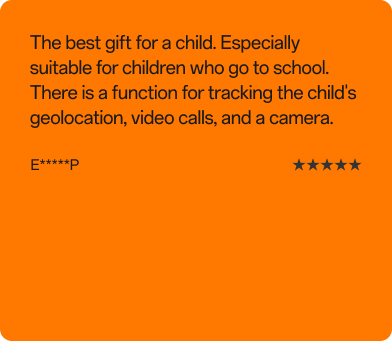 Kundenbewertung von E*****P, 5 von 5 Sternen: „Das perfekte Geschenk für Kinder! Besonders geeignet für Schulkinder – mit Ortungsfunktion, Videoanrufen und integrierter Kamera."