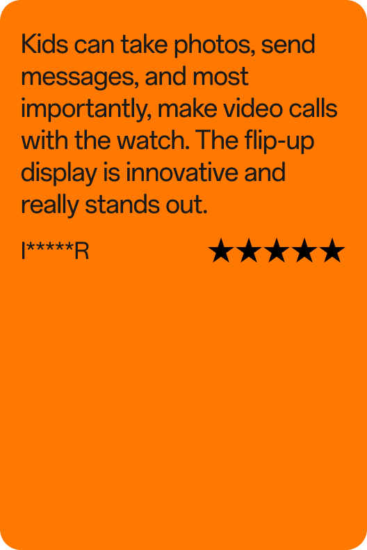Kundenbewertung von I*****R, 4,5 von 5 Sternen: „Kinder können mit der Uhr Fotos machen, Nachrichten senden und – am wichtigsten – Videoanrufe tätigen. Das aufklappbare Display ist innovativ und ein echter Hingucker."