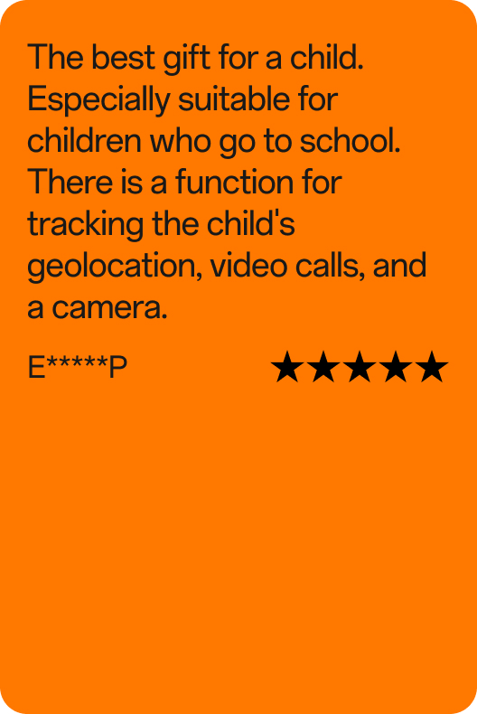 Kundenbewertung von E*****P, 5 von 5 Sternen: „Das perfekte Geschenk für Kinder! Besonders geeignet für Schulkinder – mit Ortungsfunktion, Videoanrufen und integrierter Kamera."